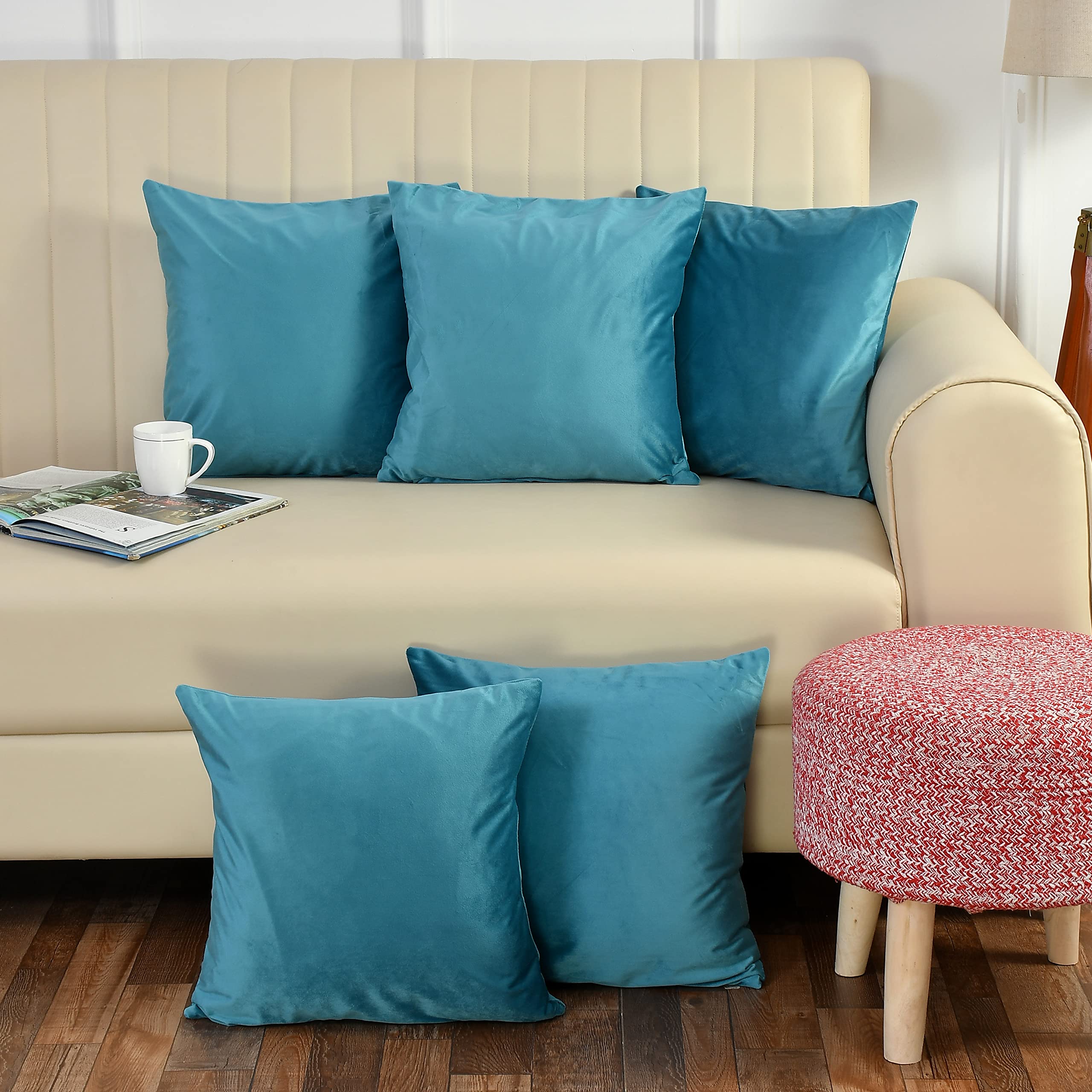 Stuffique Velvet Pillow Solid Plain Cushion Covers Set Of 5 (16 X 16 Inch) (Aqua), 250 Tc