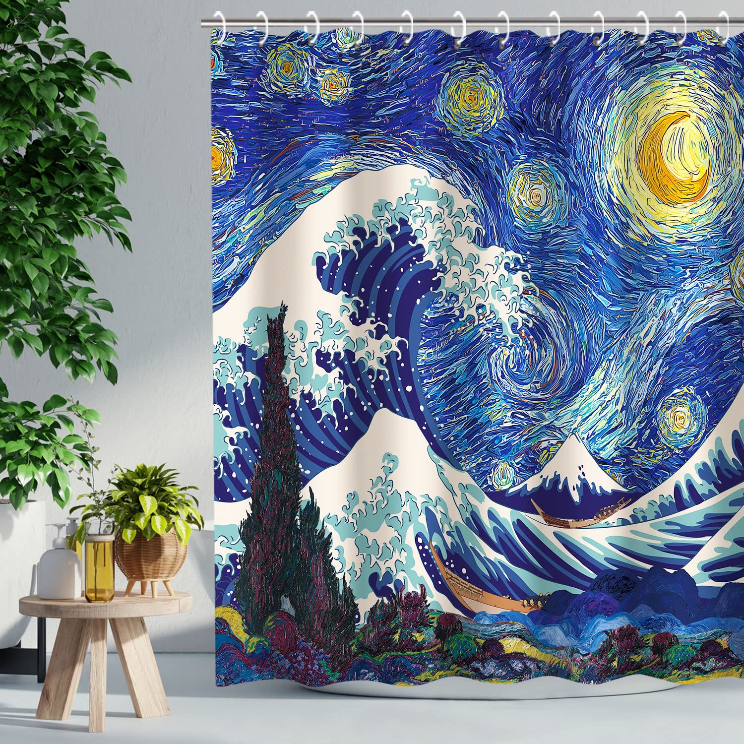 Rosielily Japanese Shower Curtain Wave Shower Curtain, Starry Night Shower Curtains Set With 12 Hooks, Waterproof Van Gogh Showe