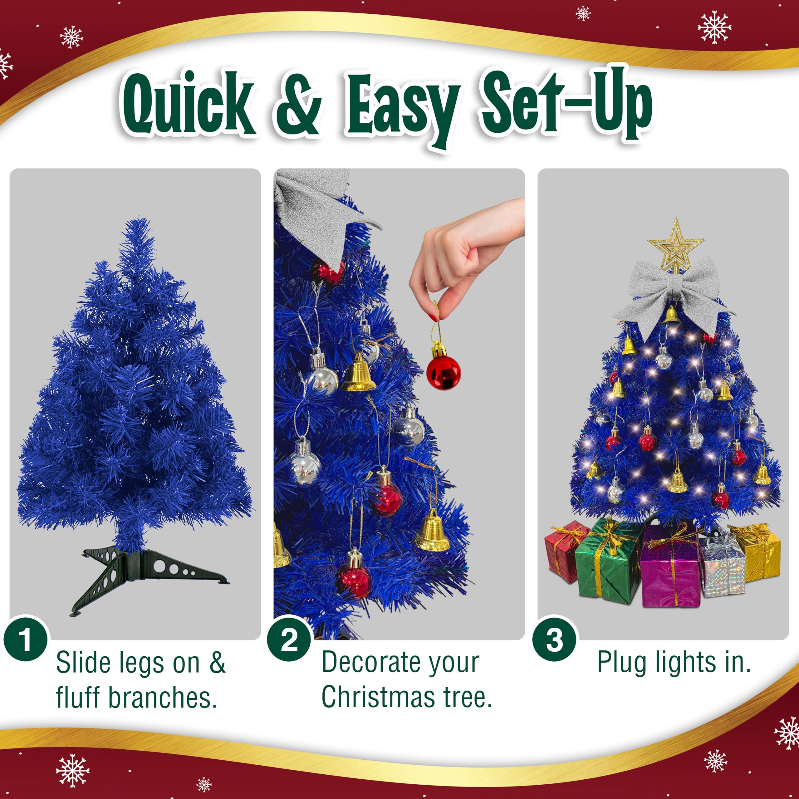 Small Blue Christmas Tree with Lights - 23 Inch Mini Tabletop Christmas Tree with Warm-White LED Lights, Hanging Ornaments, Deco