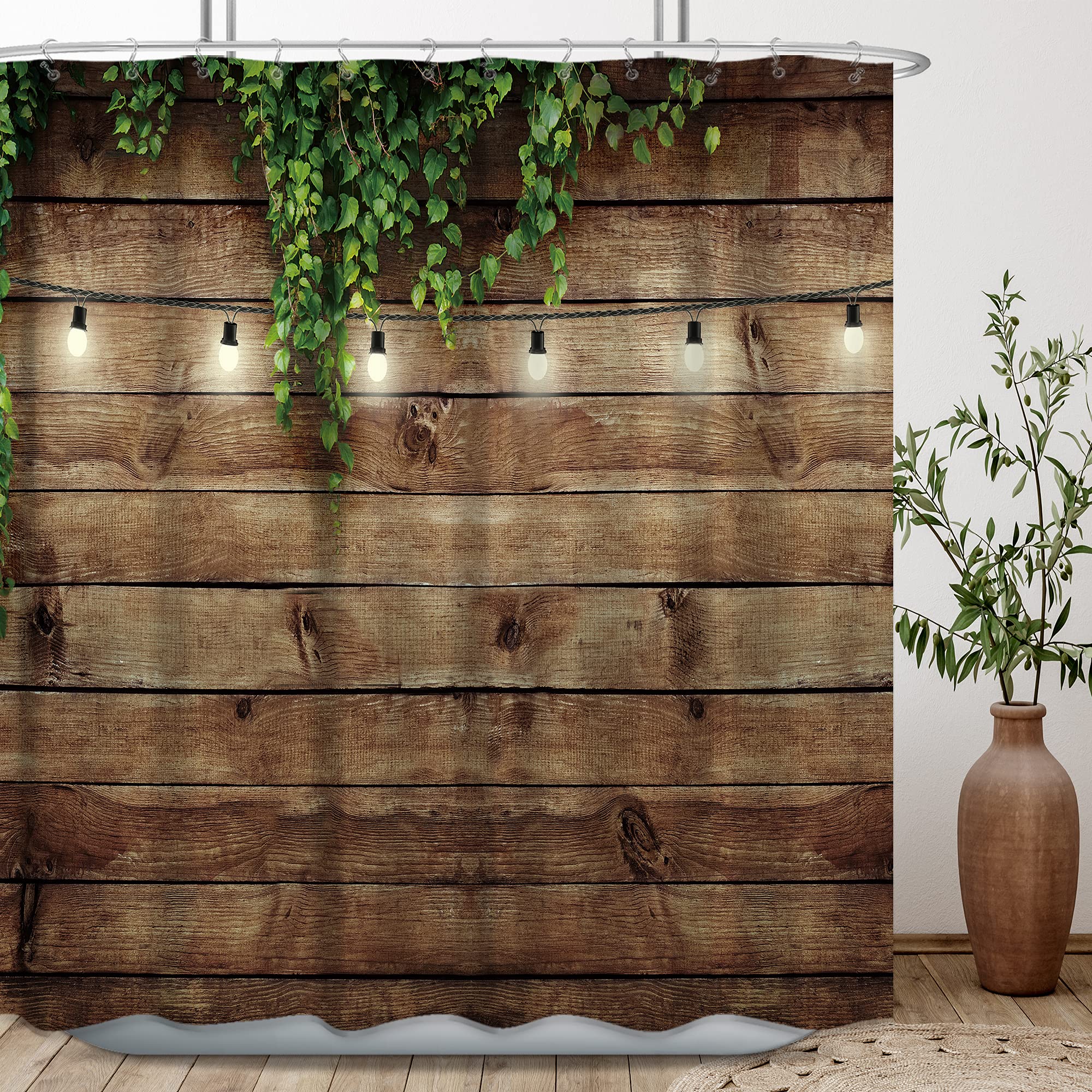 Riyidecor Rustic Farmhouse Outdoor Shower Curtain Wooden Bran Door Green Leaves Antique Brown Wall Lights Bathroom Home Decor Wa