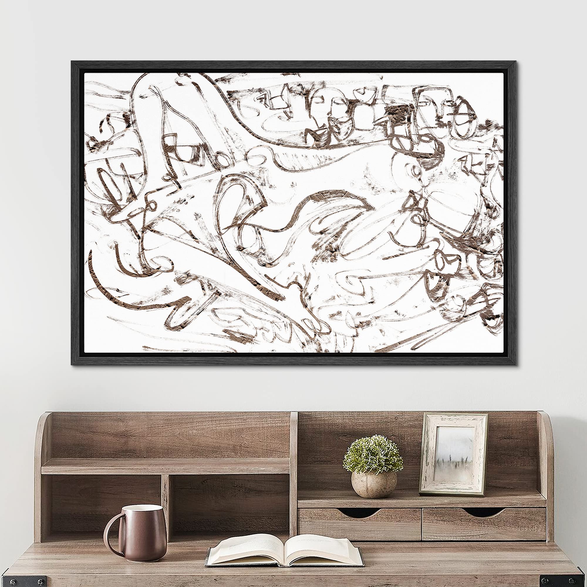 SIGNWIN Framed Canvas Print Wall Art Industrial Vintage Brown Paint Strokes Abstract Geometric Illustrations Modern Art Minimalism Relax/Calm Zen for Living Room  Bedroom  Office - 16''x24'' BLACK