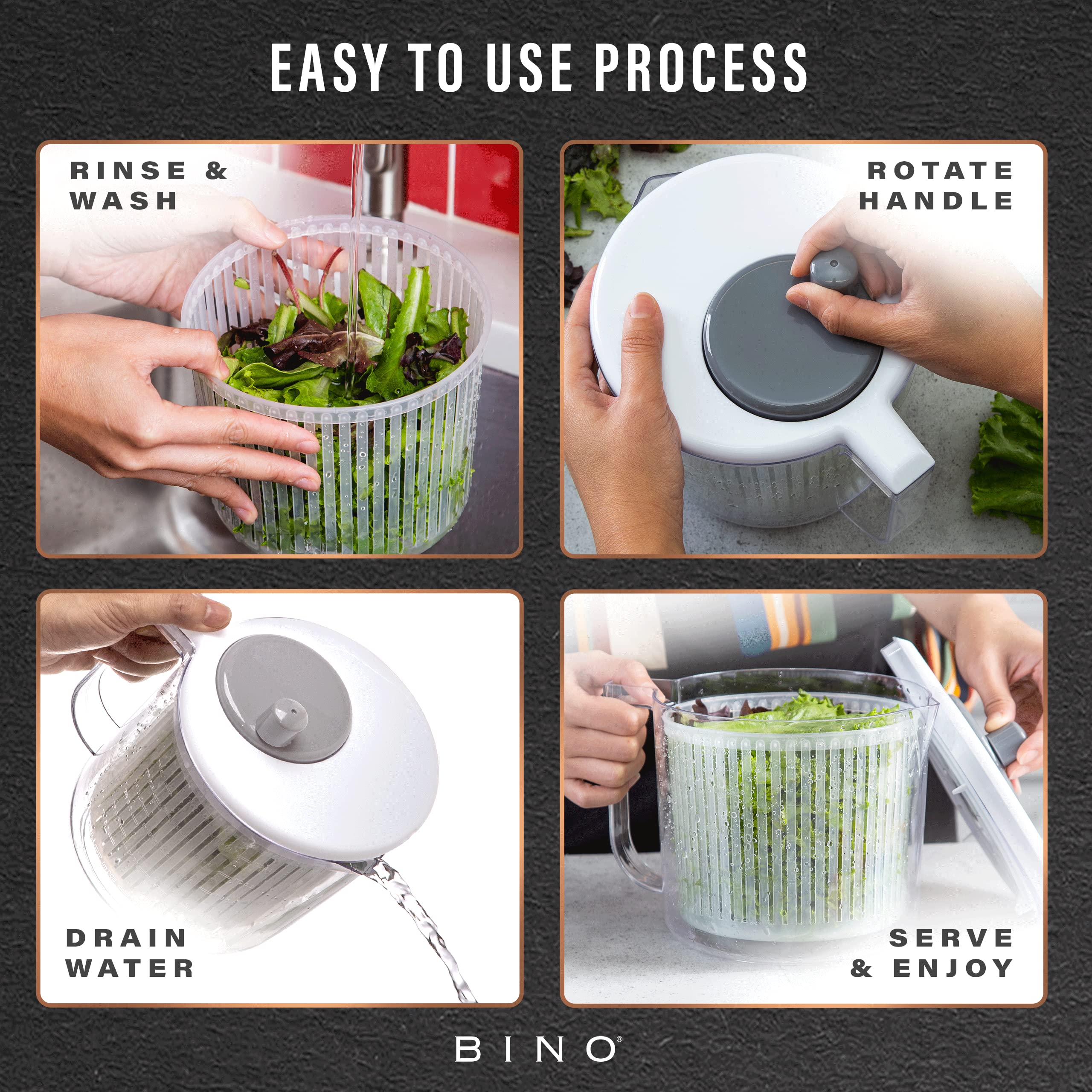 Bino | Salad Spinner - 2.6 Qt | Small Manual Lettuce Spinner With Built-In Draining System | Salad Spinner, Colander, And Water