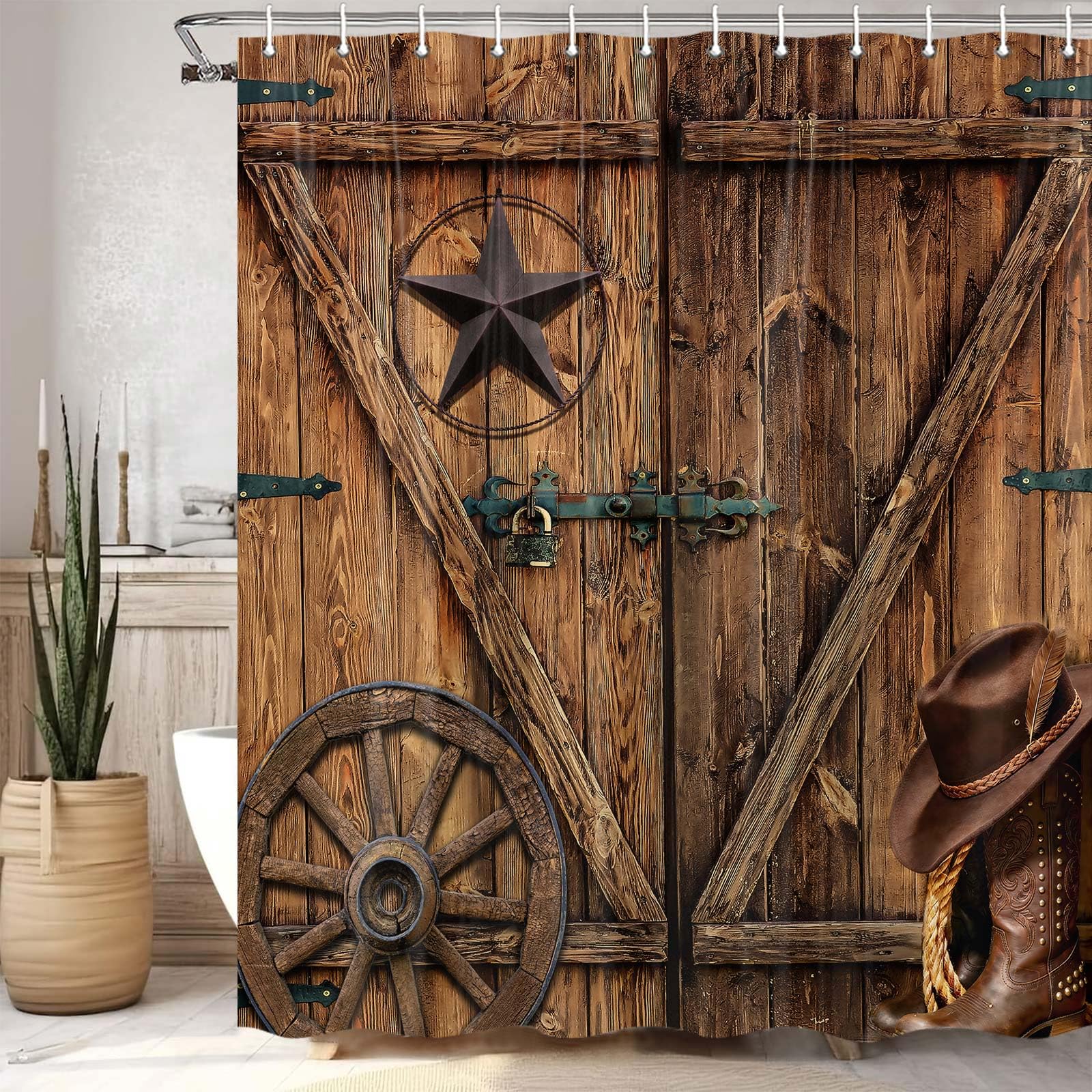 Jipusai Texas Star Western Barn Door Shower Curtain Sets For Bathroom,Cowboy Hat Boots Wheel Decor Curtain, Vintage Rustic Woode