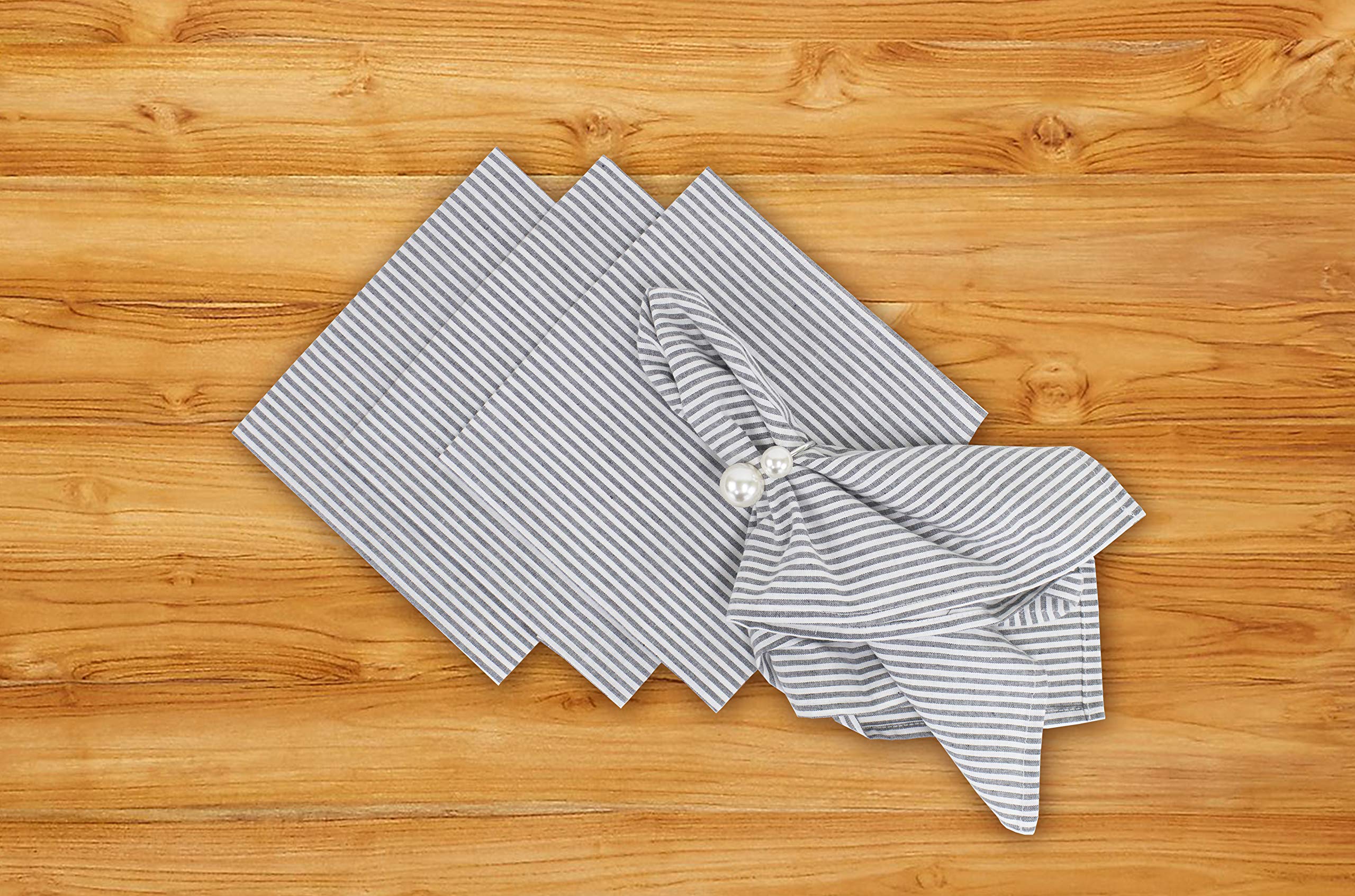 Fennco Styles Simple Ticking Stripes 100% Pure Cotton Table Napkins 20 X 20 Inch, Set Of 4 - Grey Dinner Napkins For Everyday Us