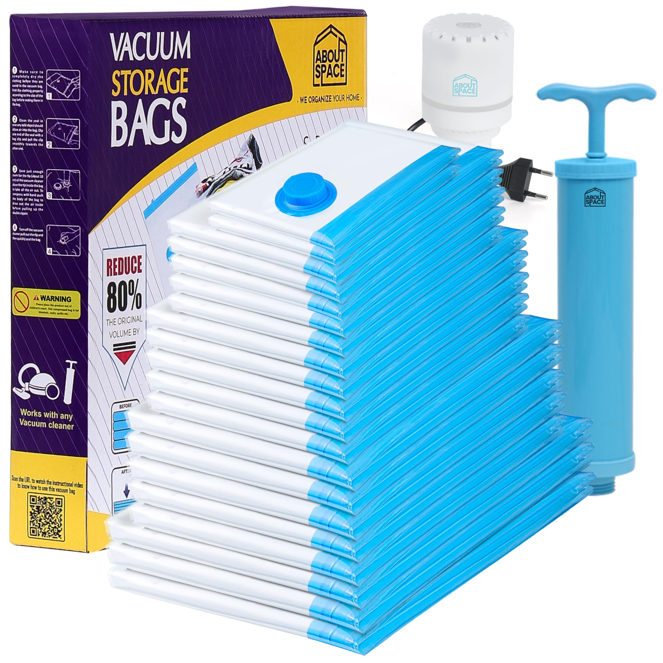 About Space Polyamide Polyethylene Vacuum Compression Bags (20 Pack) With Hand & Electric Pump | 3Xjumbo/5Jumbo/5L/5M/2S Zip Se