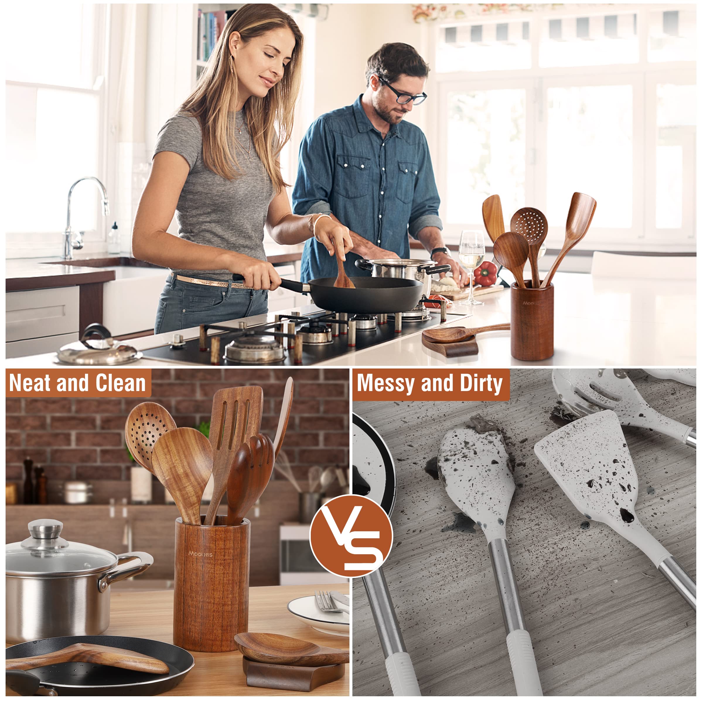Mooues 9 Piece Natural Teak Wooden Kitchen Utensil Set With Spoon Rest - Comfort Grip Cooking Spoons And Utensils Holder