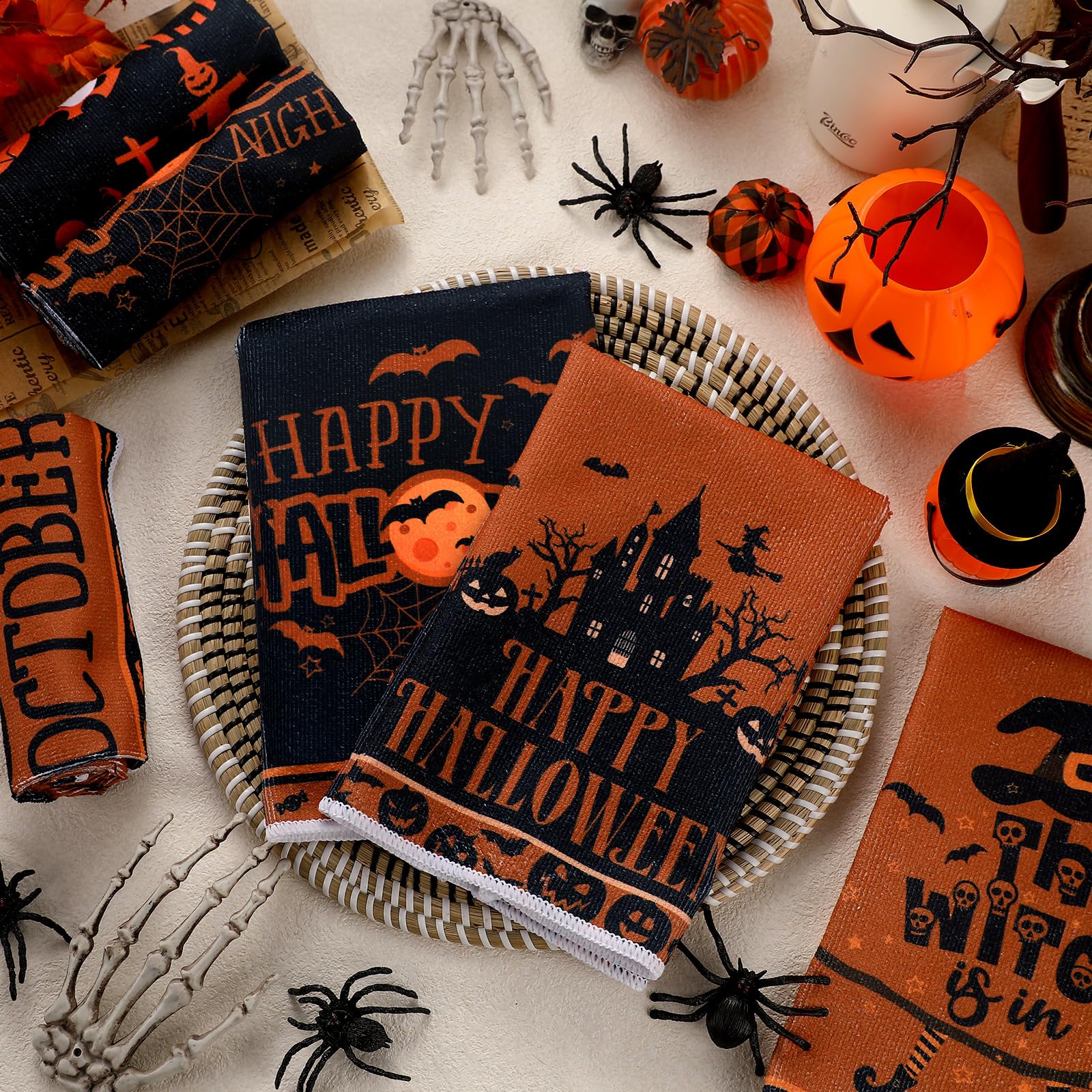 Ganeen 6 Pcs Halloween Kitchen Towels Dwarfs Cobwebs Witches Castles Dish Fiber Fingertip Hand Tea Towels 14.2 x 21.3 Inch for S