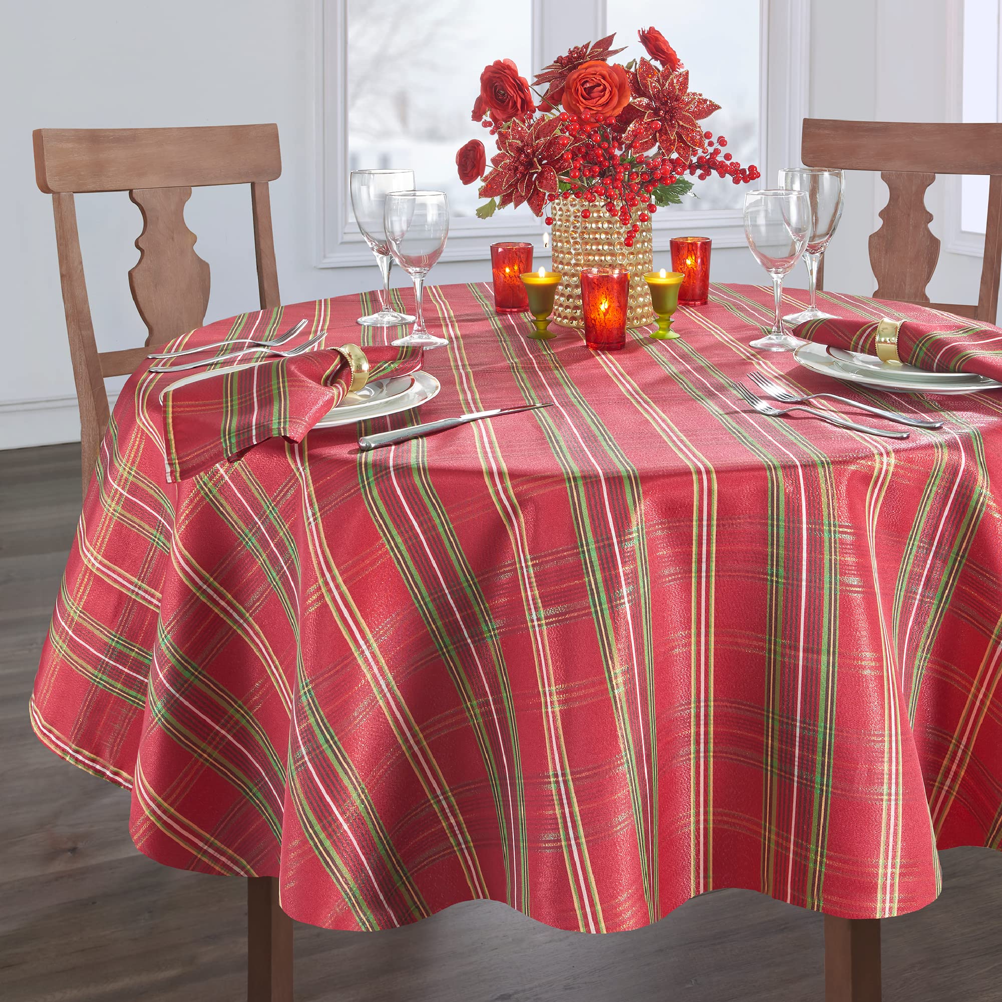 Elrene Home Fashions Shimmering Plaid Holiday Fabric Tablecloth, 70'' Round, Red