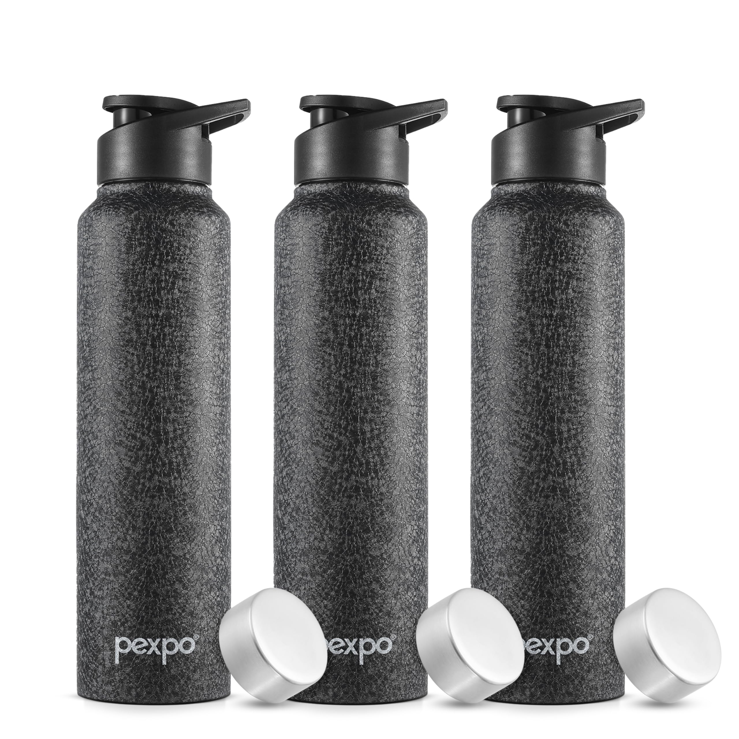 Pexpo Chromo 1000 Isi Certified Stainless Steel Sports/Fridge Water Bottle With Sipper & Steel Cap, 950Ml, Black, Pack Of 3| Bpa