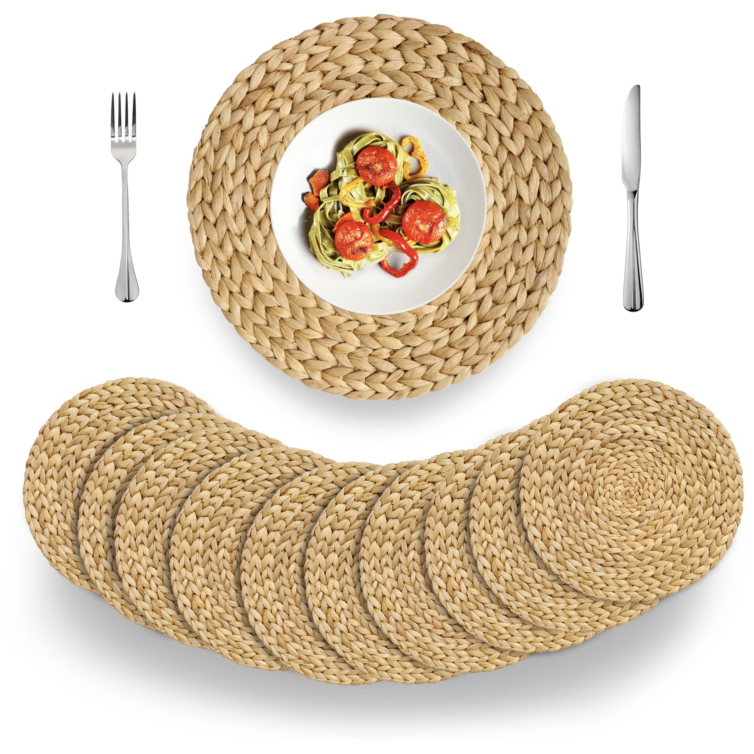 (4 Sizes: 12''-13''-14''-15'') Barien Woven Placemats Round Set Of 10, Natural Water Hyacinth Weave Placemat For Dining Table, L