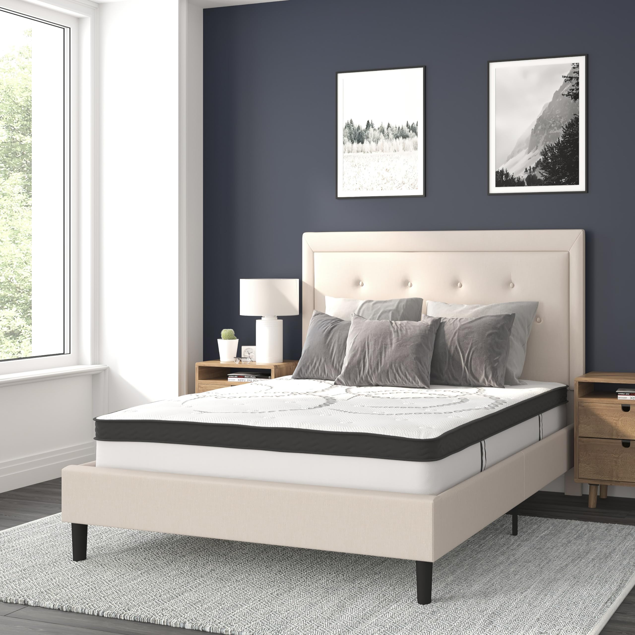 Flash Furniture Roxbury Full Size Tufted Upholstered Platform Bed in Beige Fabric with 10 Inch CertiPUR-US Certified Pocket Spri