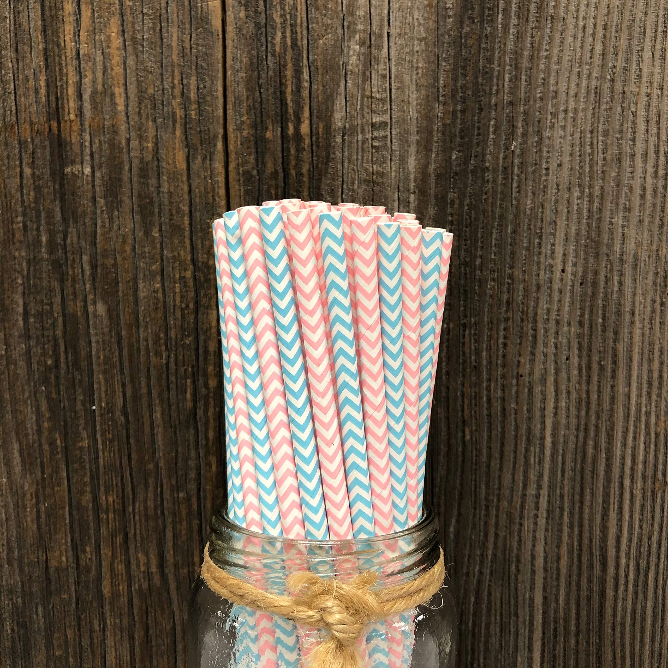 Gender Reveal Paper Straws - Blue Pink White Chevron - 50 Pack