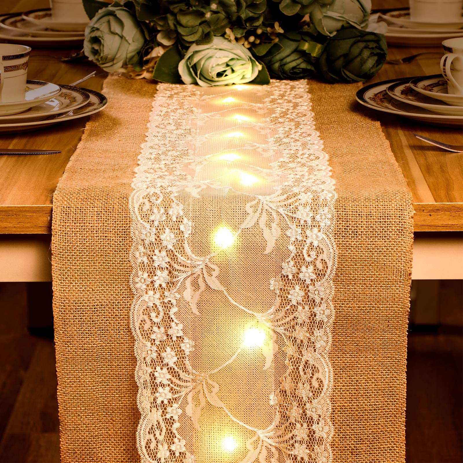 LED Table Runner with String Lights Burlap Fabric Tablecloth Lace Thanksgiving Tablecloth Burlap Table Runners Rectangle Rustic 