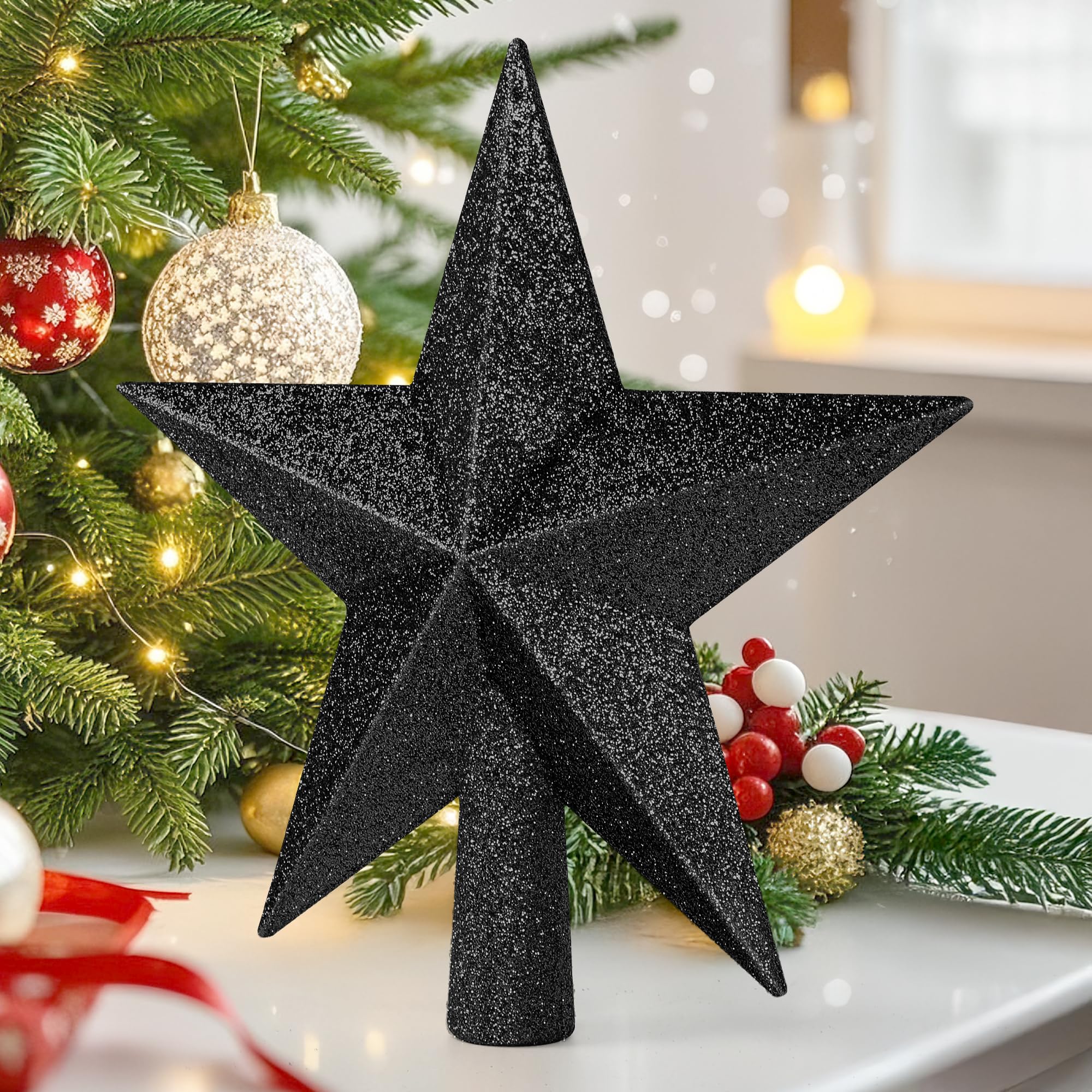 Christmas Tree Ornament, 8 Black Christmas Star Tree Topper Accessories, Xmas Glitter 3D Bethlehem Tree Topper Ornament, Waterpr