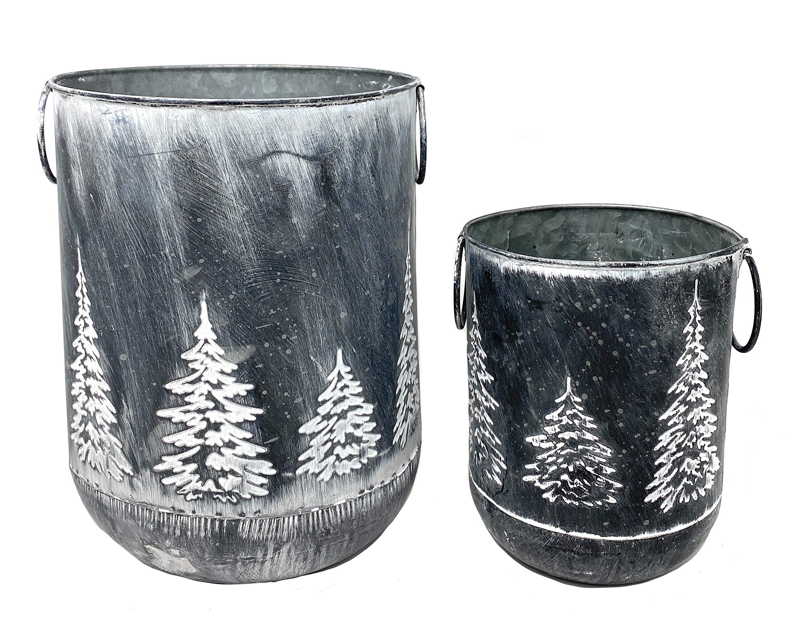 S/2 Winter Christmas Holiday Bucket Container Decor Organizer Silver Tin Metal W Embossed Trees 9'' & 6.5'' H