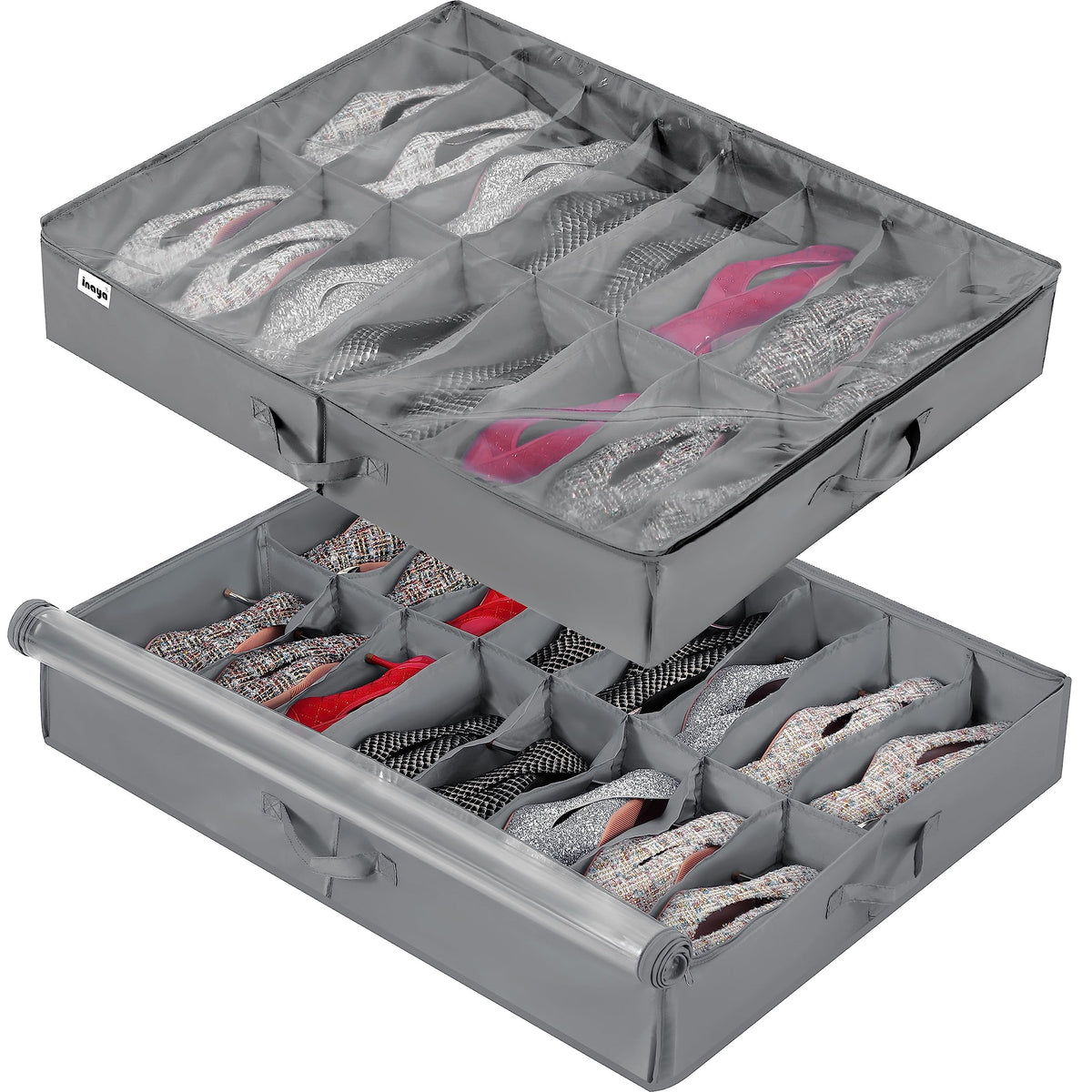 INAYA Under Bed Shoe Storage Organizer 2 Pack, Fits 32 Pairs, Large Underbed Shoe Box Storage Containers, Clear Foldable Shoes O