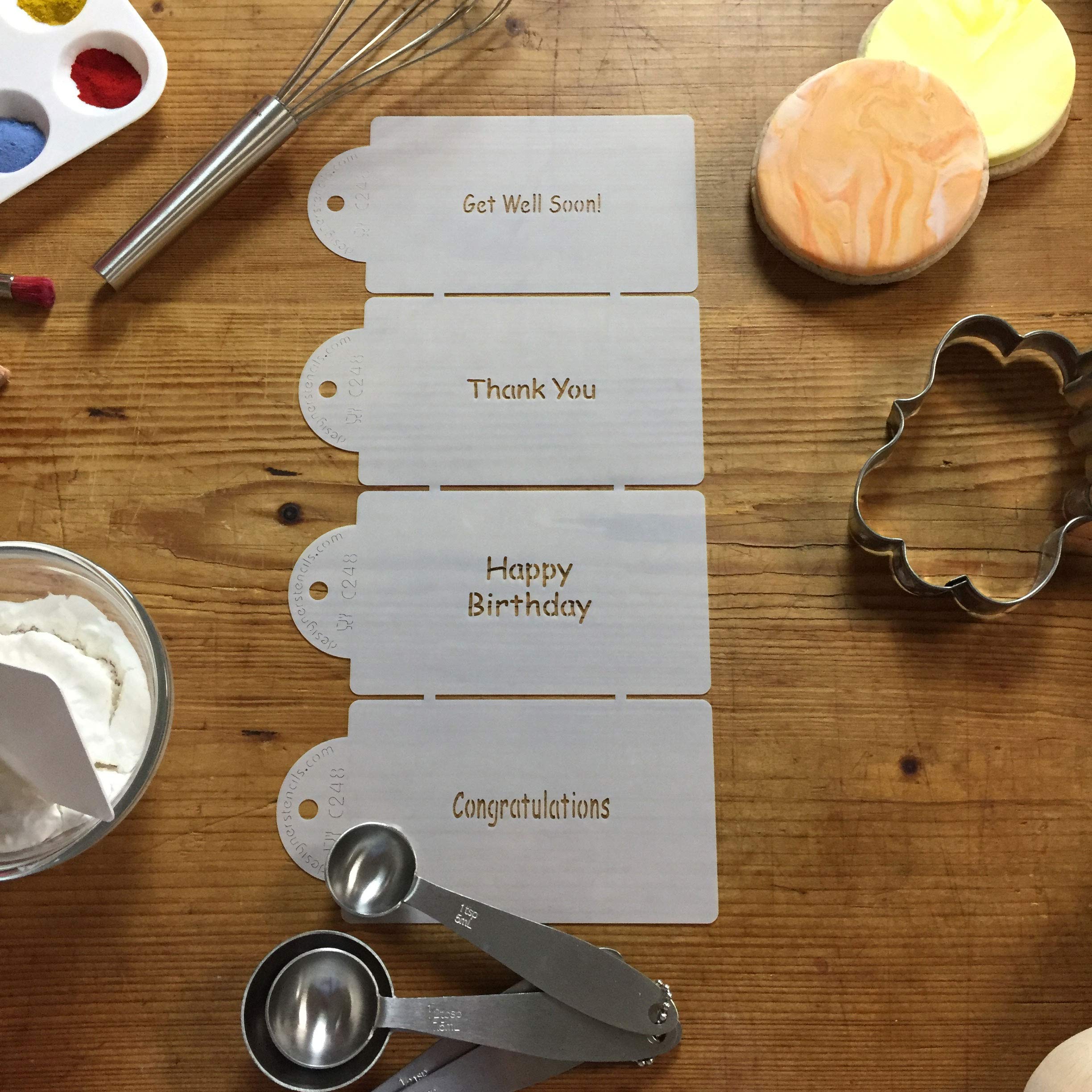 Celebration Sayings Stencils | (Happy Birthday, Congratulations, Get Well Soon, Thank You), Beige/Semi-Transparent | C248 By Des