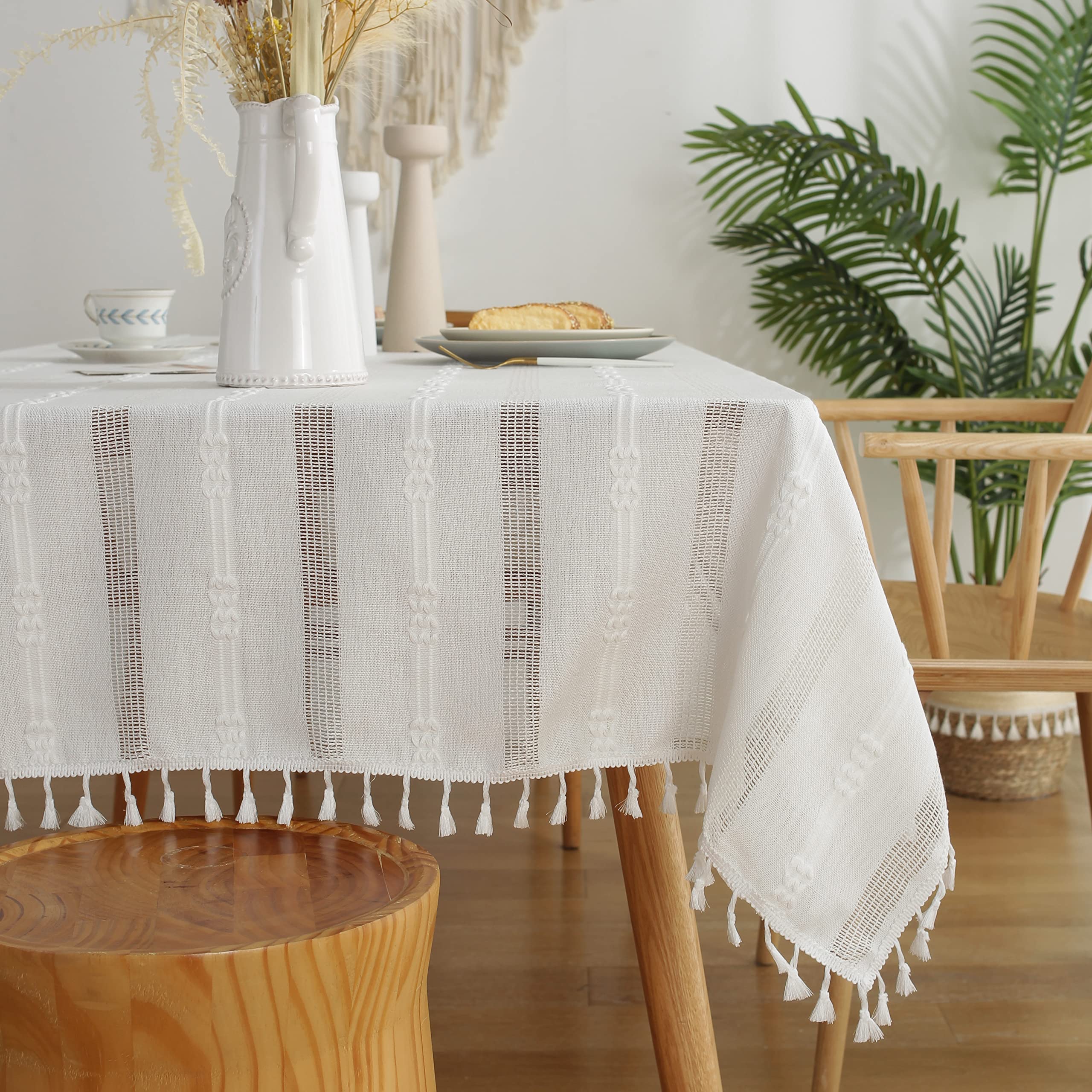 Gernaice Rustic Stripe Embroidered Tablecloth Heavy Square Tassel Cotton Linen Table Cloth Wrinkle Free Washable Table Cover for Kitchen Dinning Party Holiday White 55x55 Inch