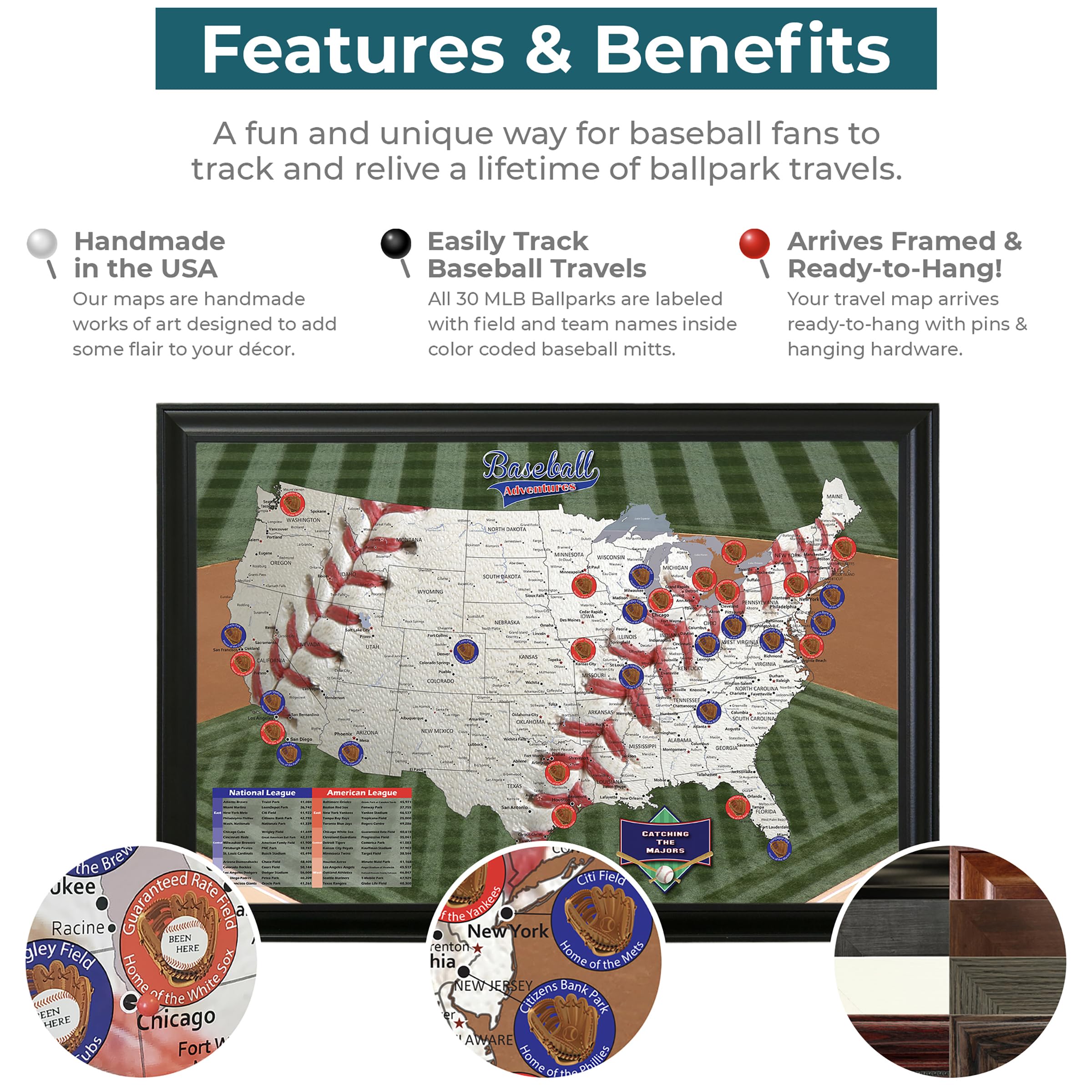 Baseball Adventures Push Pin Travel Map With Solid Wood Cherry Frame And Pins - 27.5 Inches X 39.5 Inches