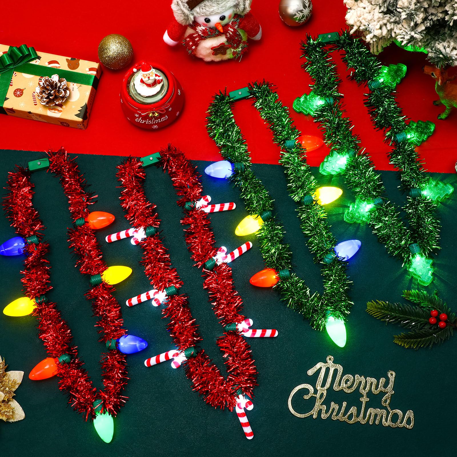 NOVWANG 4PCS Light up Tinsel Garland Necklace, 3D Light Xmas Necklace 6 Dynamic Light Modes Colorful Bulbs Glow Candy Cane Chris