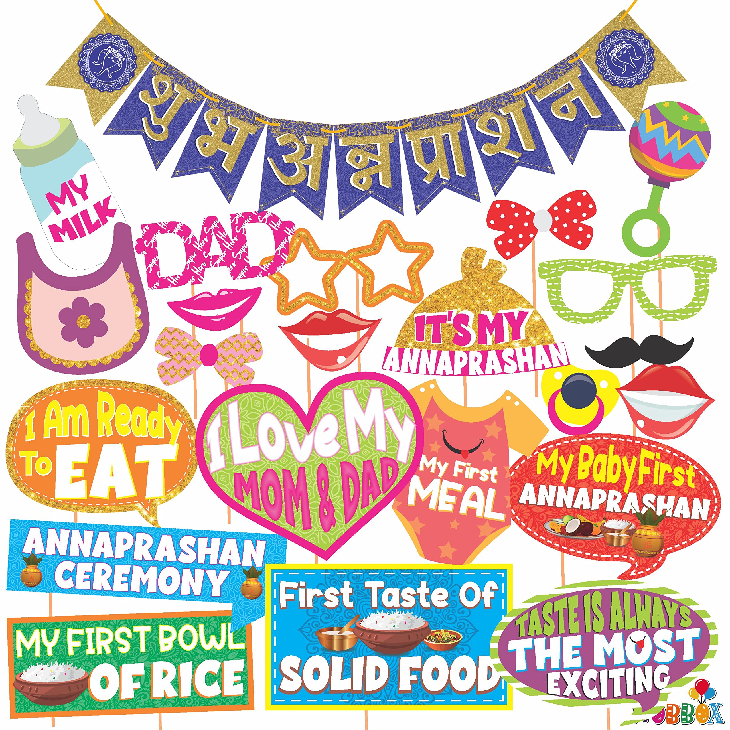 WOBBOX Annaprashan Photo Booth Party Props with Bunting Banner Hindi Font Shubh Annaprashan Dark Blue & Golden Color, Annaprasha