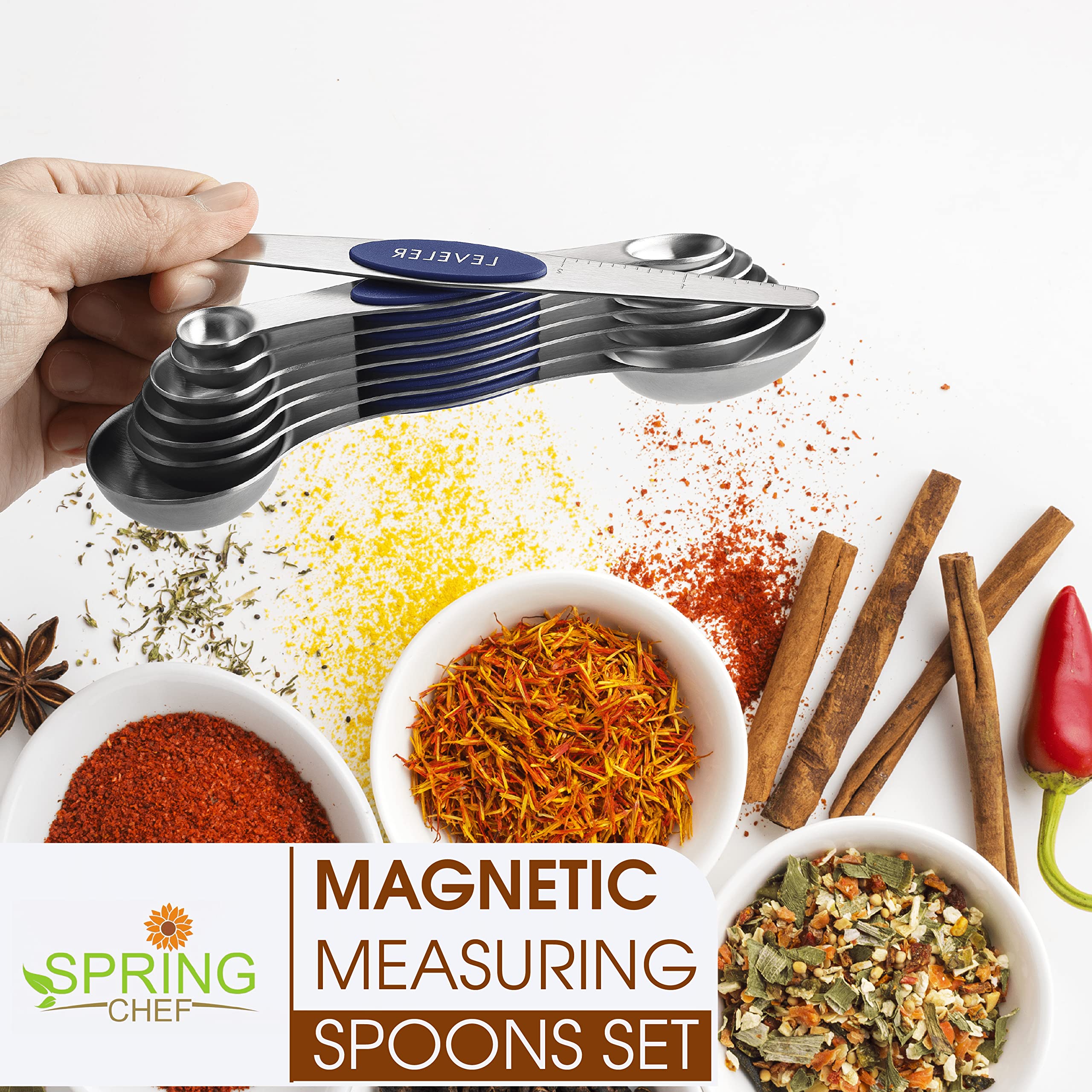 Spring Chef Stainless Steel Magnetic Measuring Spoons Set Of 8 With Leveler, Heavy Duty Teaspoon & Tablespoon Measuring Spoons W