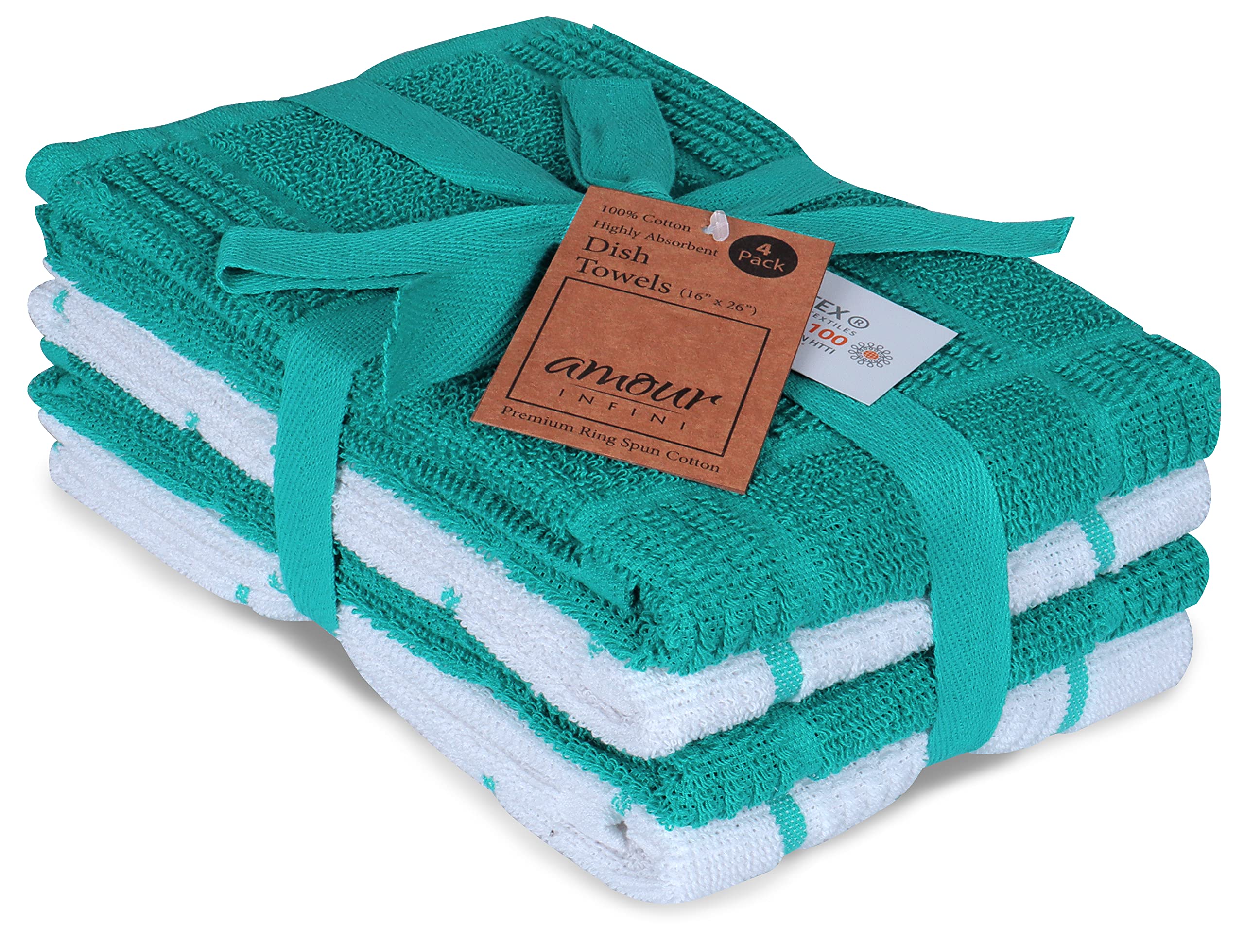 Amour Infini Kitchen Towels Pack Of 4 Absorbent, Quick Drying Premium Terry Cotton Dish Towel With Hanging Loop 16X28 Inch Hand