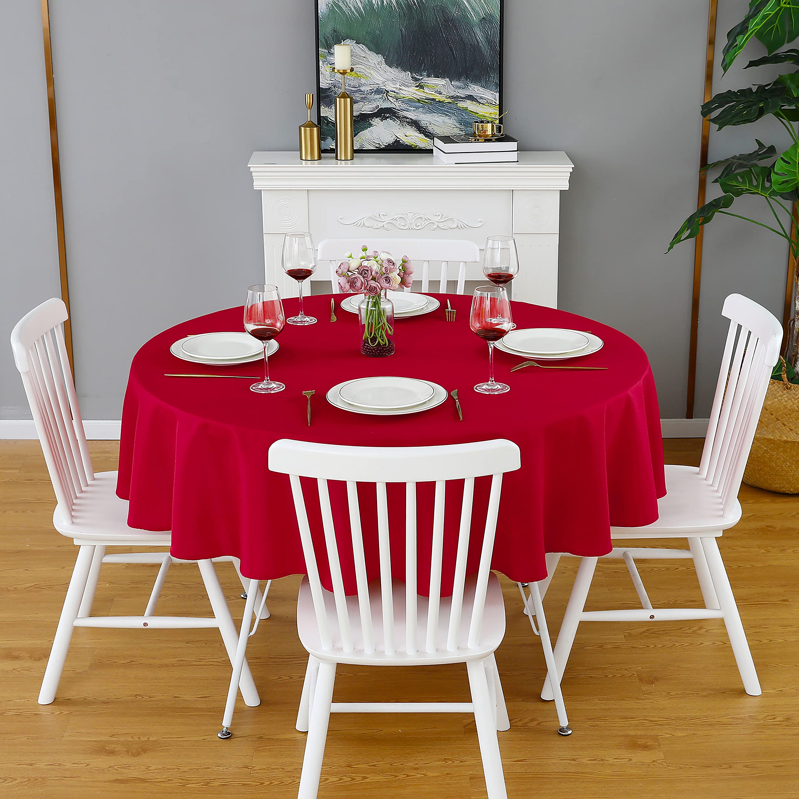 Folins&Home Red Round Tablecloth 60 Inch Waterproof Heavy Duty Wrinkle Free Polyester Fabric Table Cloth, Spillproof Washable Ta