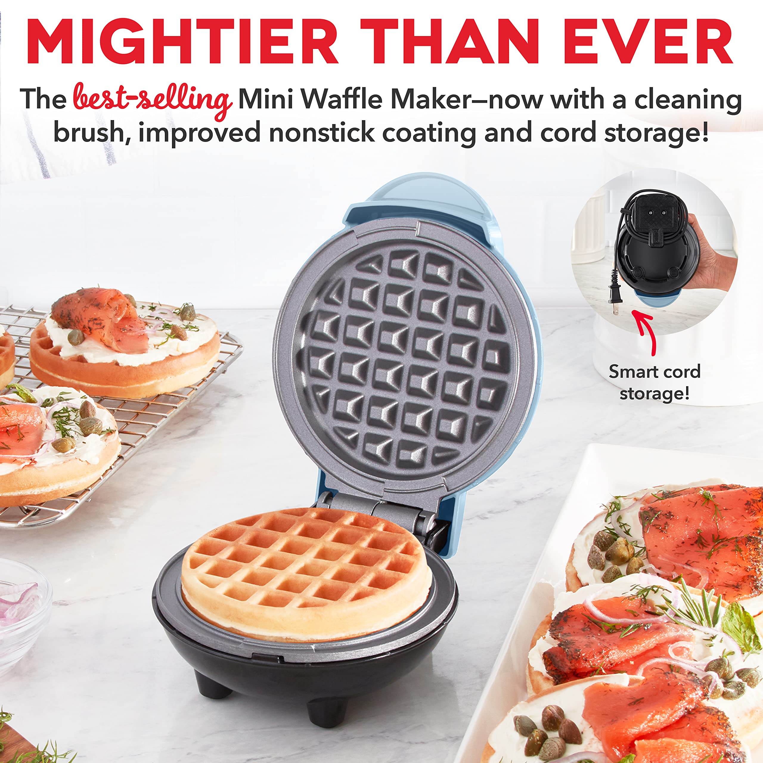 DASH Deluxe Mini Maker for Individual Waffles  Hash Browns  Keto Chaffles with Included Brush and Cord Wrap  and Easy to Clean Non-Stick Surfaces  4 Inch  Dream Blue