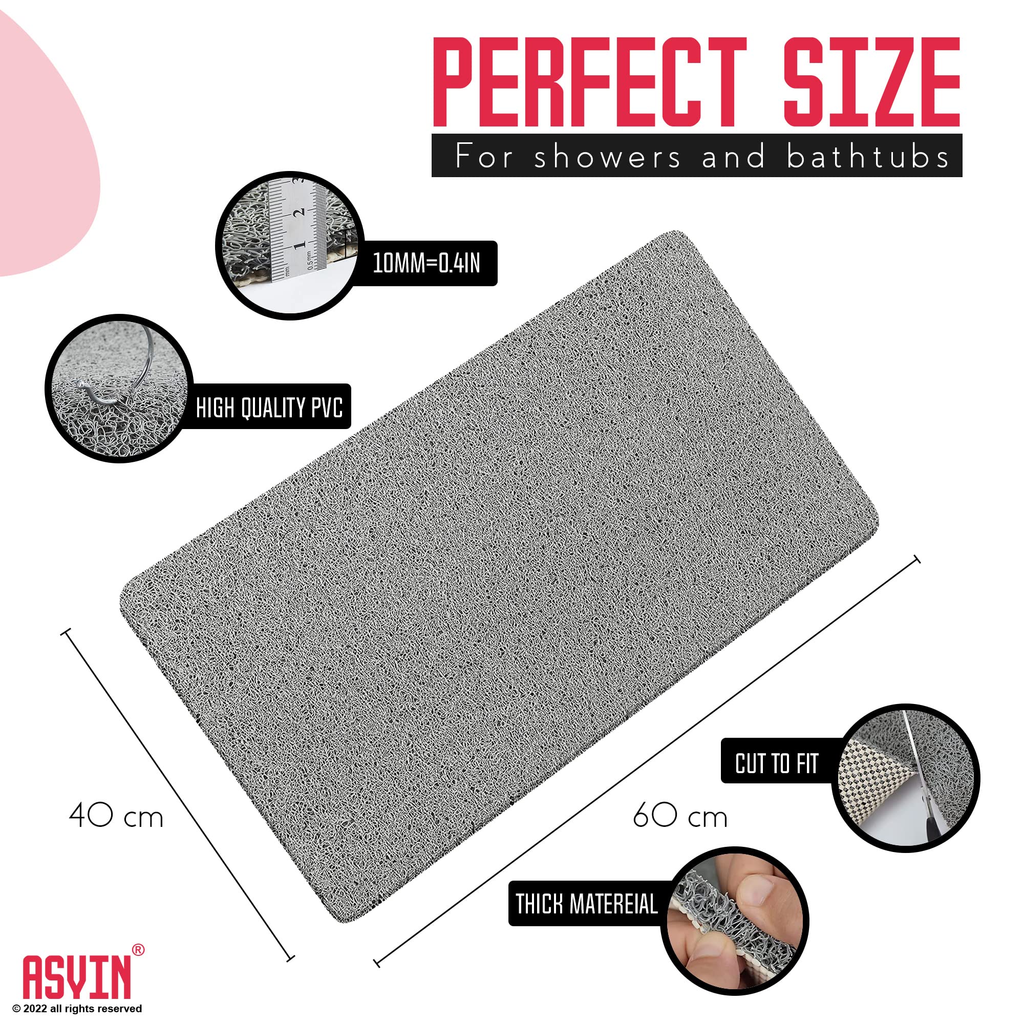 Asvin Soft Textured Shower Mat Non Slip Anti Mould For Inside Shower & Bath (24''X16'' Inch) Phthalate Free Rubber Loofah Bathro