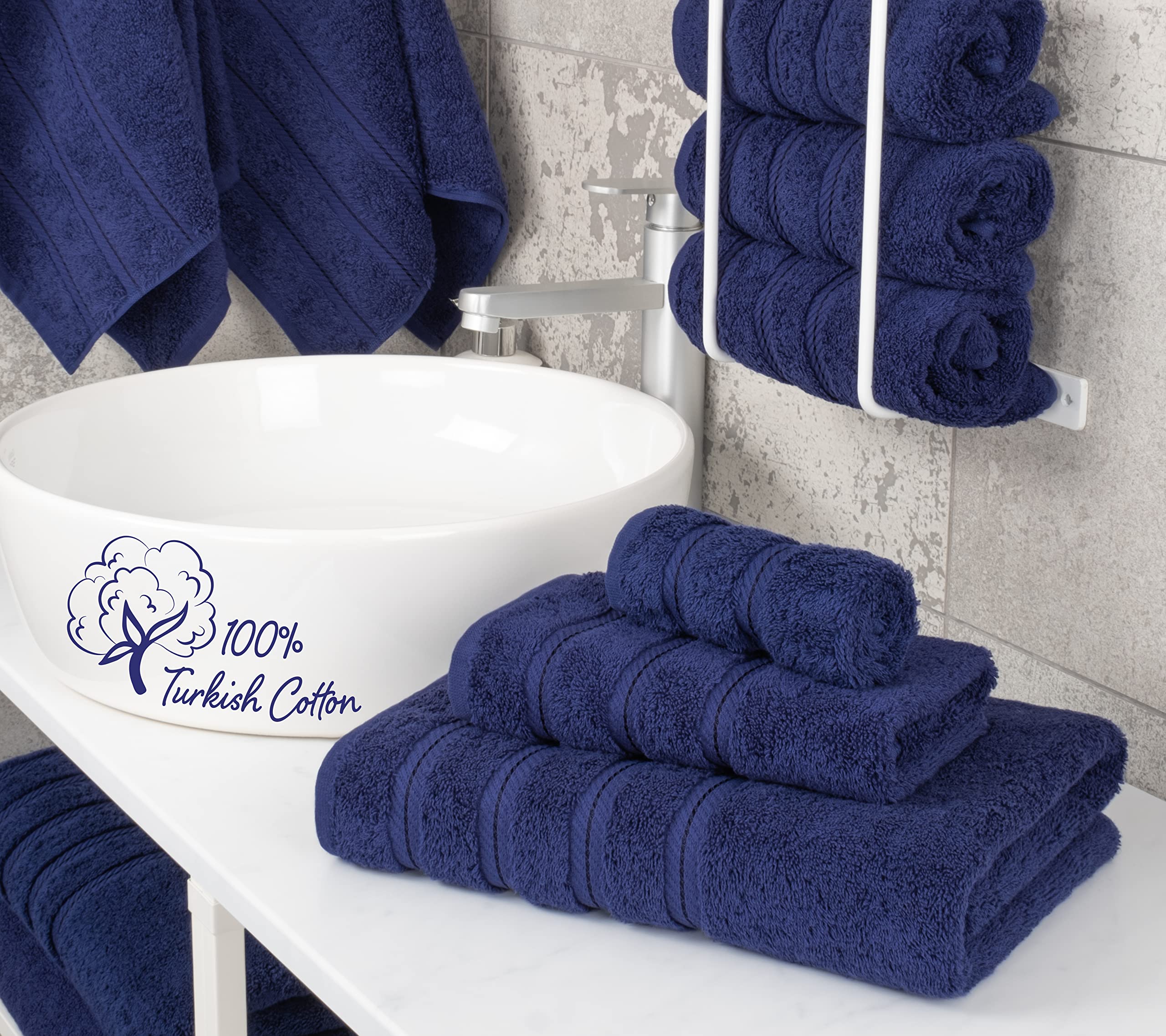 American Soft Linen 3 Piece Towel Sets  1 Bath Towel 1 Hand Towel 1 Washcloth  100% Turkish Cotton Towels for Bathroom  Navy Blue Towel Set