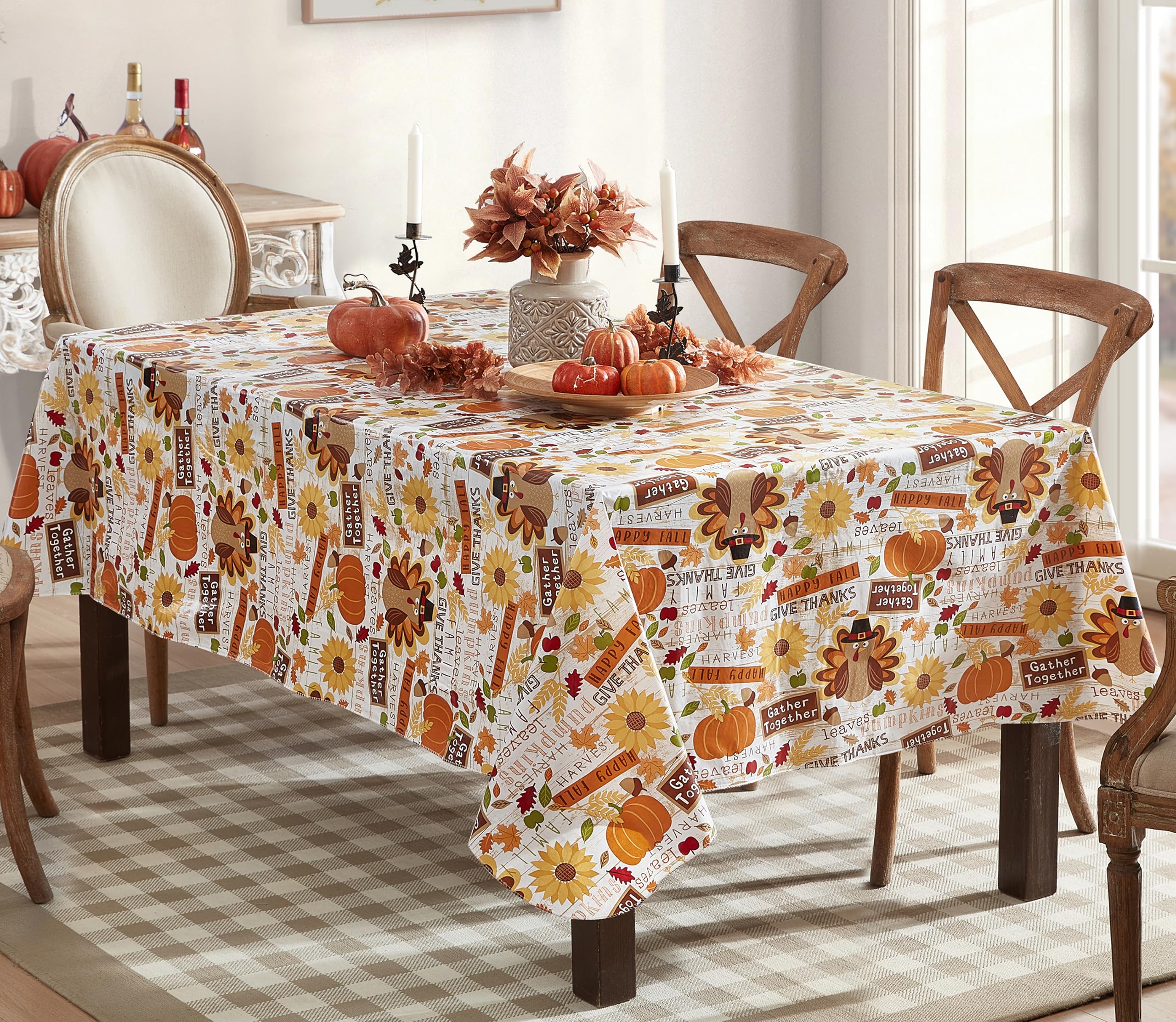 Newbridge Happy Thanksgiving Turkey Vinyl Tablecloth with Flannel Backing, 52 x 52 Inch Square - Whimsical Fall Harvest Kitchen 