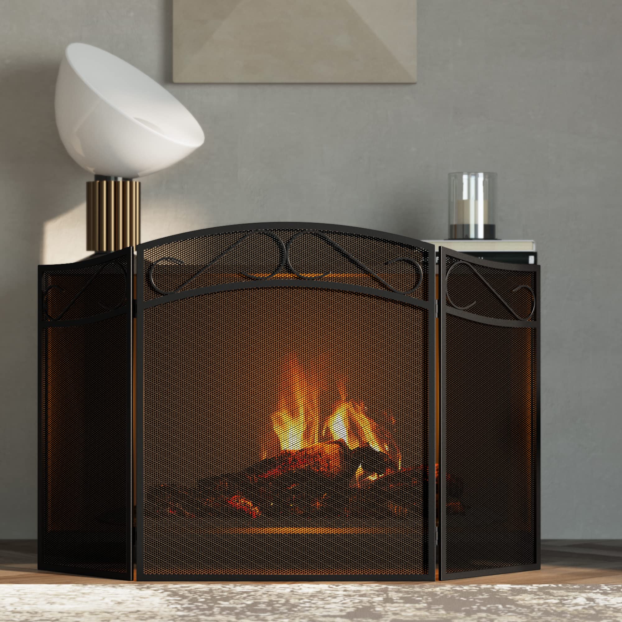 Fire Beauty Fireplace Screen For Wood Burning Fireplace Foldable 3 Panel Wrought Iron Fireplace Cover With Protective Mesh Fire