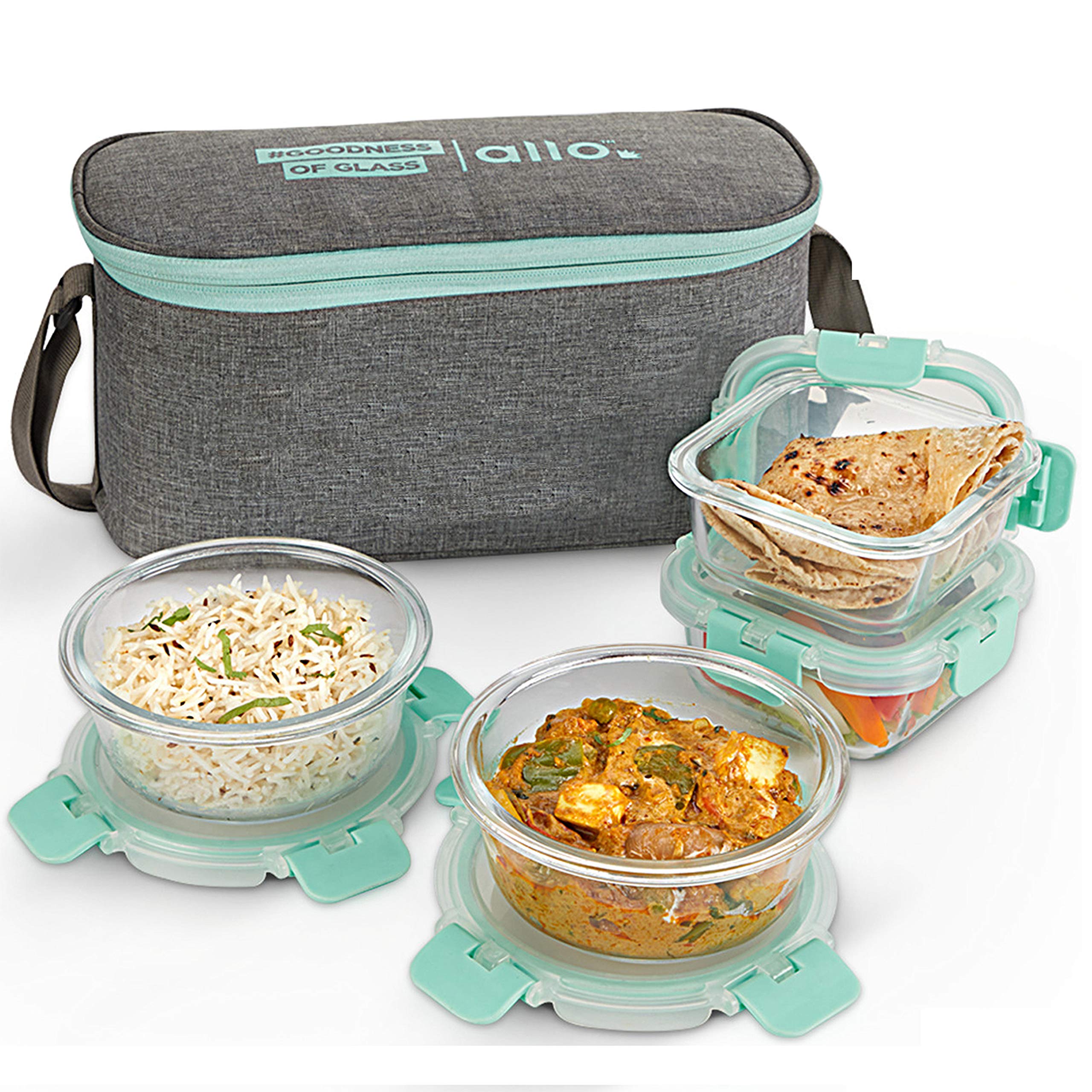 Allo FoodSafe Glass Lunch Box with Break Free Lock, Microwave & Oven Safe, Borosilicate Glass Container, Office Tiffin with Canv