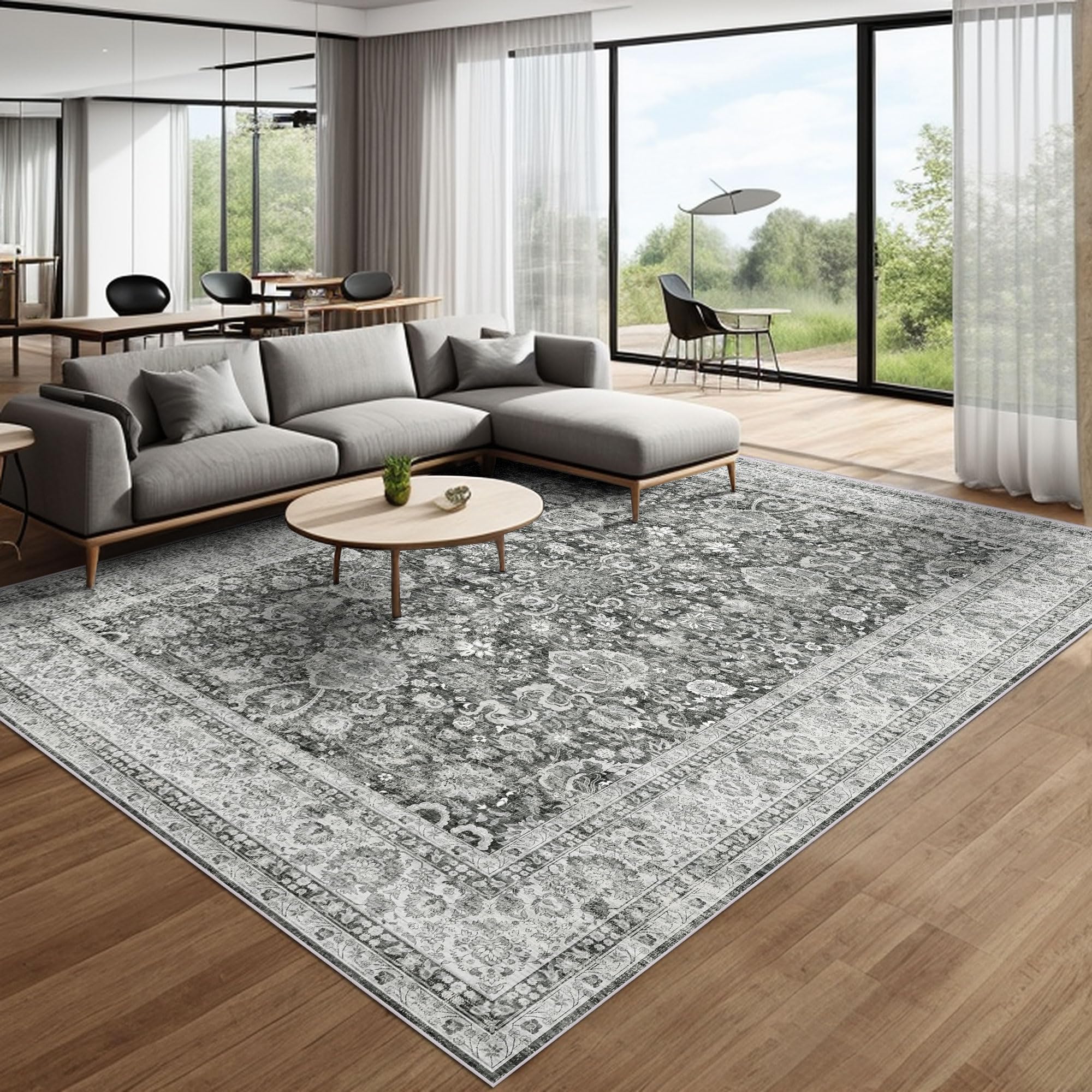 Deerly Grey Area Rugs 9x12 Rug Living Room Distressed Area Rugs, Non Slip Washable Rugs Large Rug for Bedroom Dining Room Office