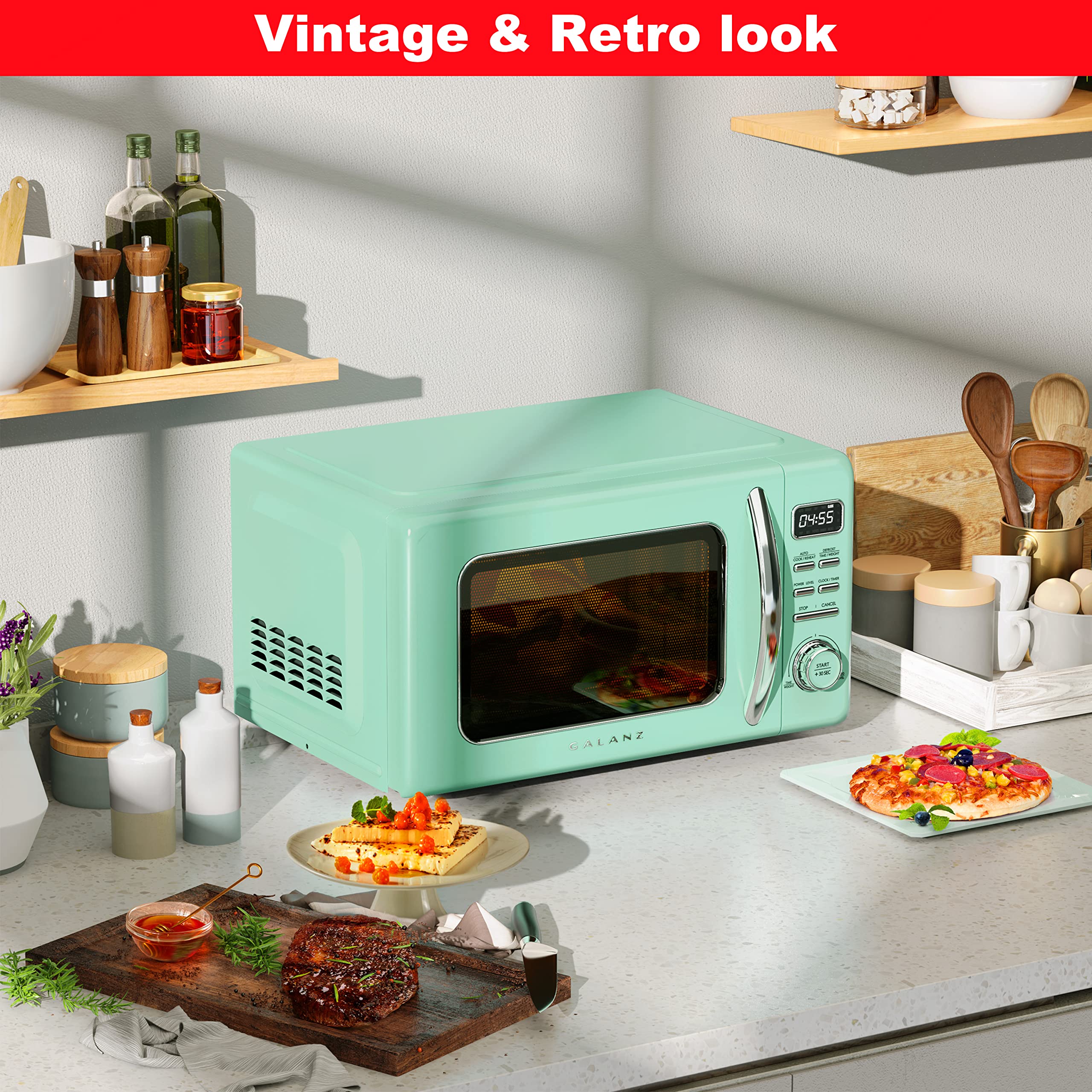 Galanz GLCMKZ11GNR10 Retro Countertop Microwave Oven with Auto Cook & Reheat, Defrost, Quick Start Functions, Easy Clean with Gl