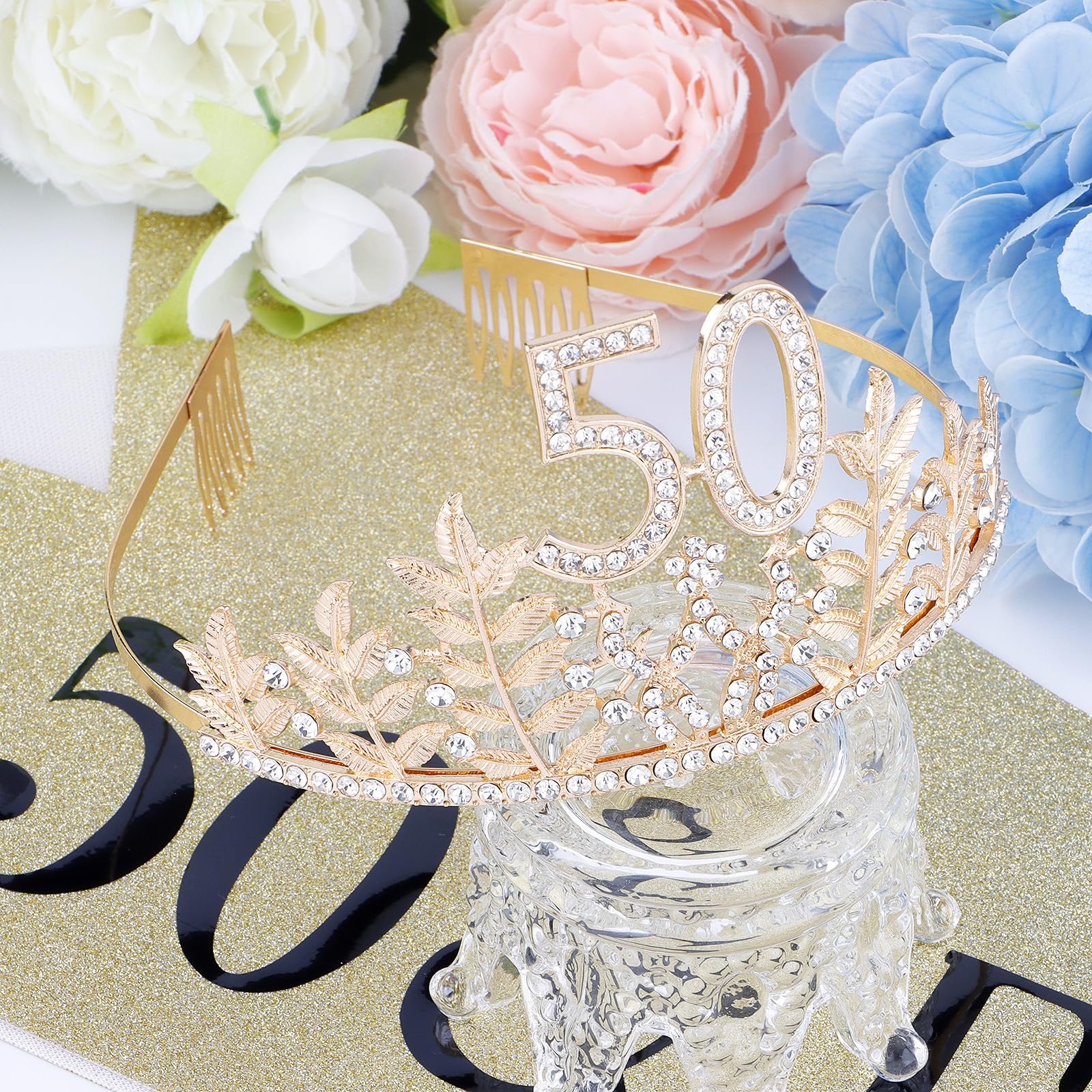 50Th Birthday Women'S Gold Crystal Crown And Glitter Sash Gift Set, Rhinestone Tiara And Hair Accessories For Party Decoration