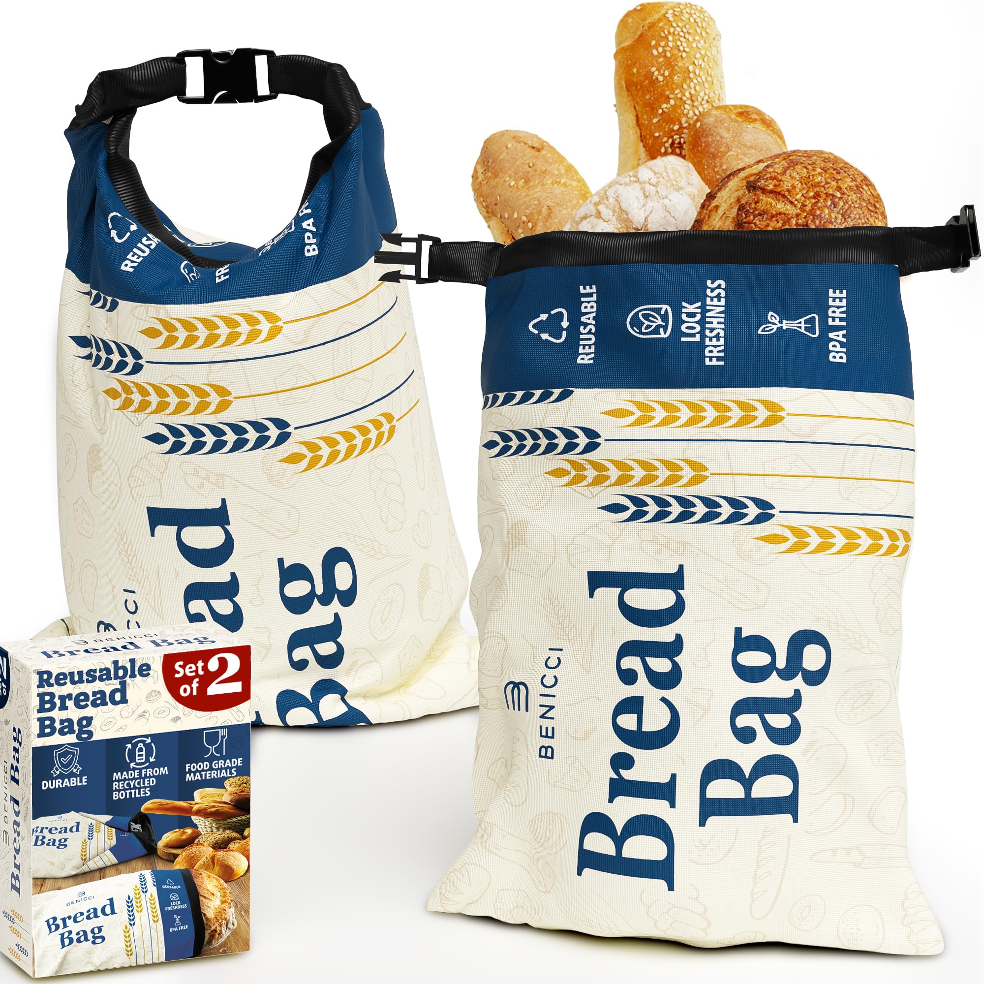 2 Pack Reusable Bread Bags - Perfect To Store Homemade Sourdough Loaf Bread - Special Double-Lock For Longer Freshness - Extra L