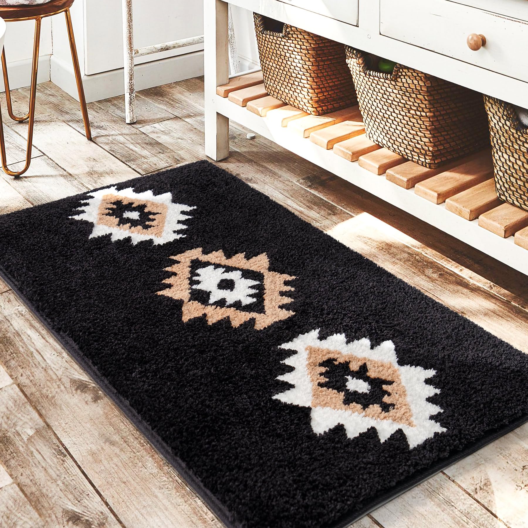 Dexde Boho Bathroom Rugs Black Aztec Bath Mat Non Slip Western Geometric Bath Rug Luxury Soft Absorbent Carpet For Bathroom Show