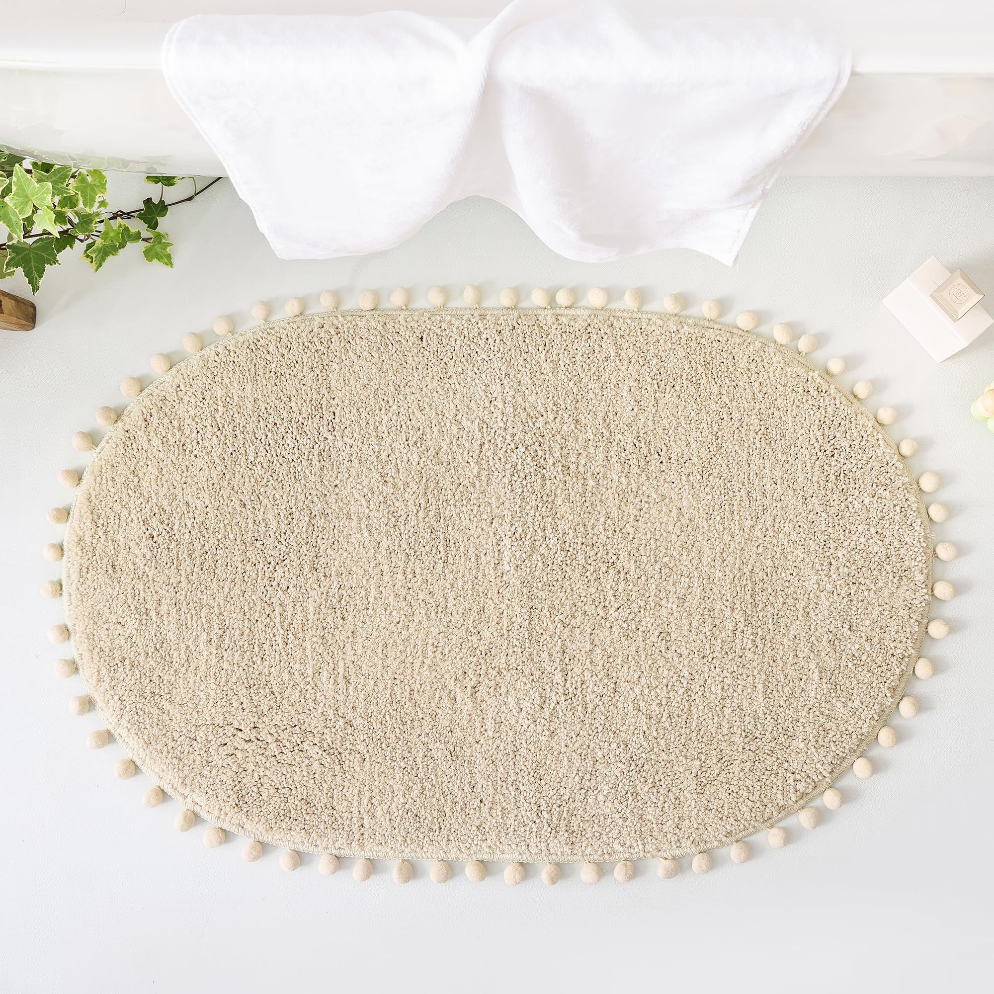 Yirddeo Oval Bathroom Rugs Beige Rug With Pom Cream Bath Mat For Bedroom Non Slip Cute Boho Absorbent Mats Soft Plush Washable R