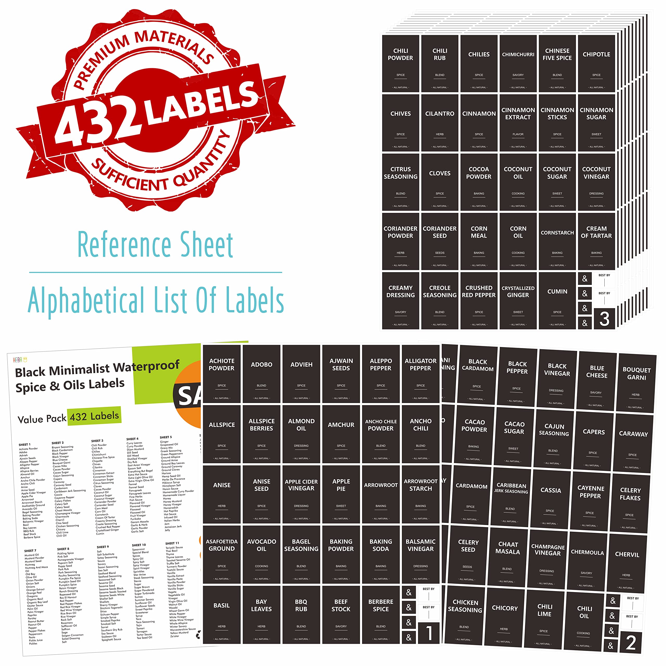 432 Removable Spice Labels, 396 Pre-Printed Herb Seed Seasoning Sauce Oil Vinegar Stickers, 36 Blank Ones, Waterproof Oil&Tear R