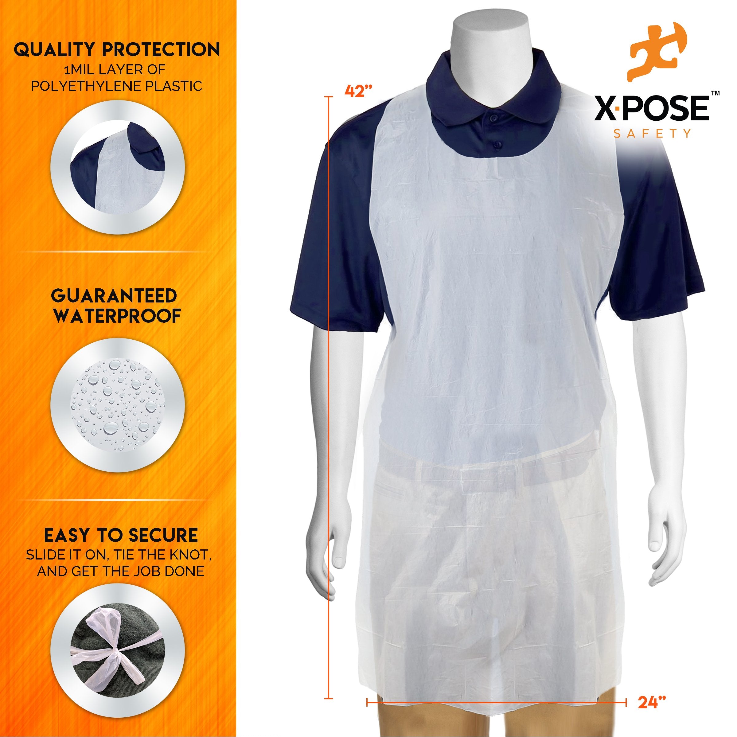 Xpose Safety Plastic Disposable Aprons For Cooking Individually Packaged Durable 1 Mil Waterproof Polyethylene 24'' X 48''