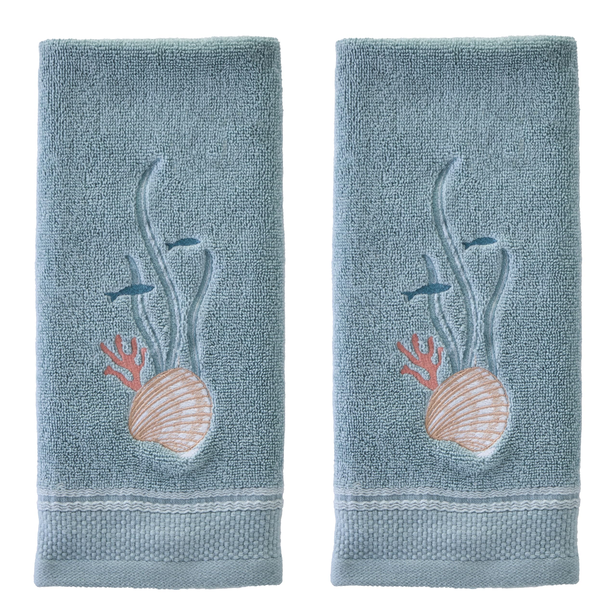 Skl Home Underwater 100% Cotton Embroidered 2Pc Hand Towel Set, Tropical/Coastal/Beach/Resort, Decorative For Bath/Kitchen/Bar &