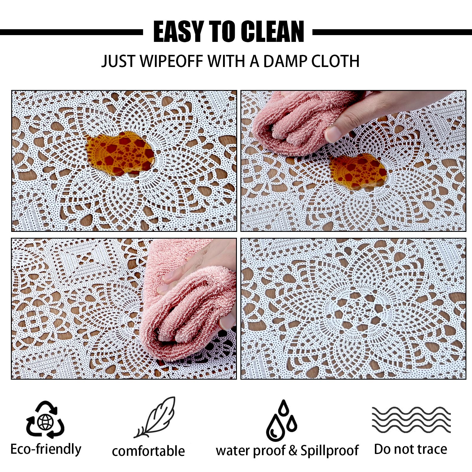 Likiyol White Vinyl Tablecloth, Oval Lace Tablecloth, Heavy Duty Vinyl Table Cloth, Stain-Resistant Wipeable Table Protector For