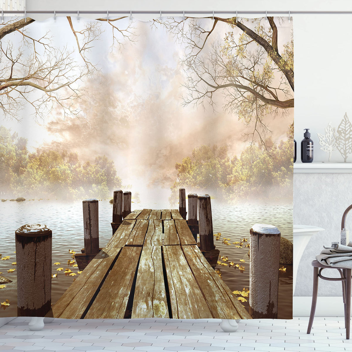 Ambesonne Fall Wooden Foggy Scene Lake River Print Polyester Fabric Shower Curtain - Extra Long, Beige Brown Taupe 69'' W By 75'