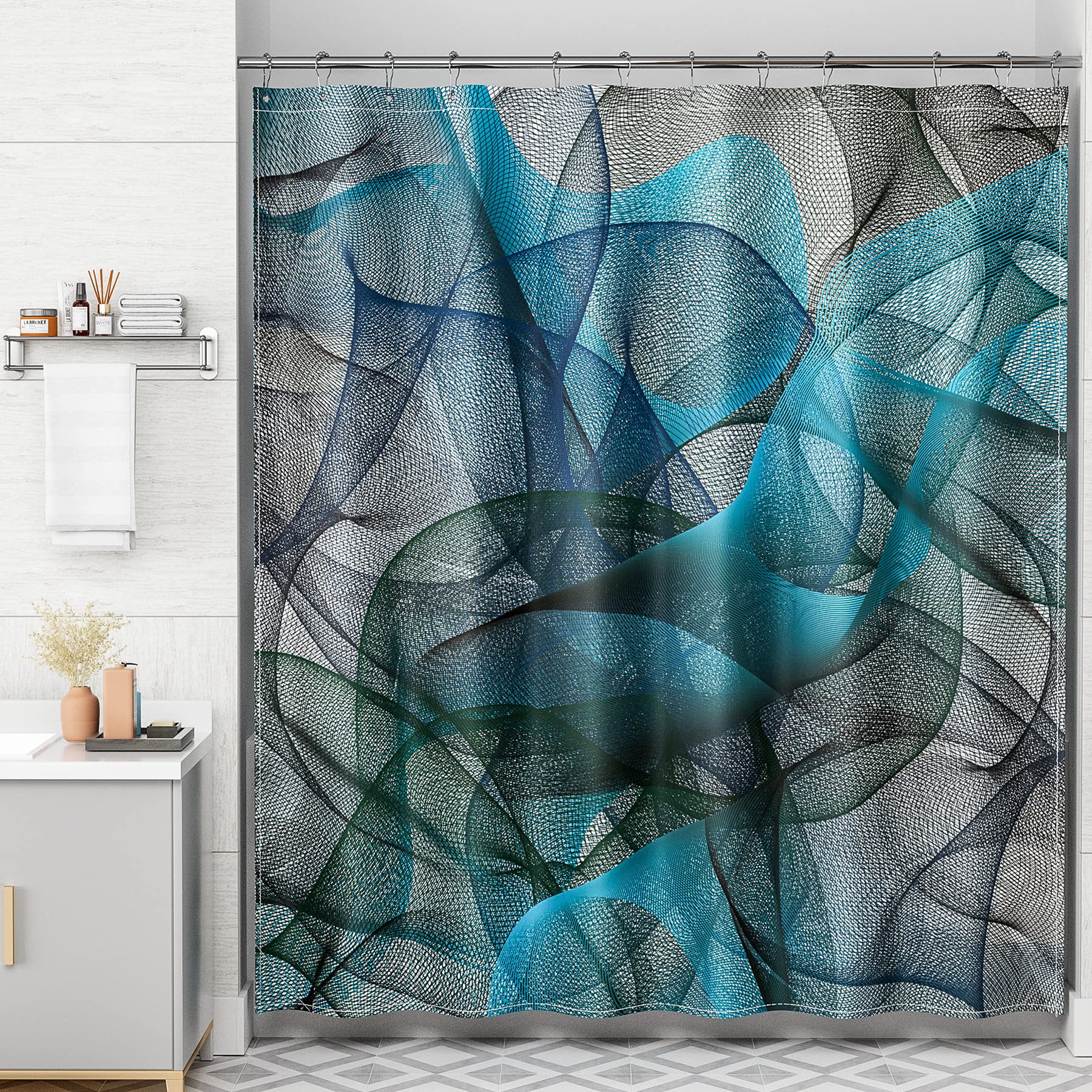 AmazerBath Shower Curtain Blue  Abstract Black Striped Cloth Shower Curtain Sets with 12 Shower Curtain Hooks  Luxury Rustic Fabric Washable Shower Curtain for Bathroom Home Decor  72x72 Inches