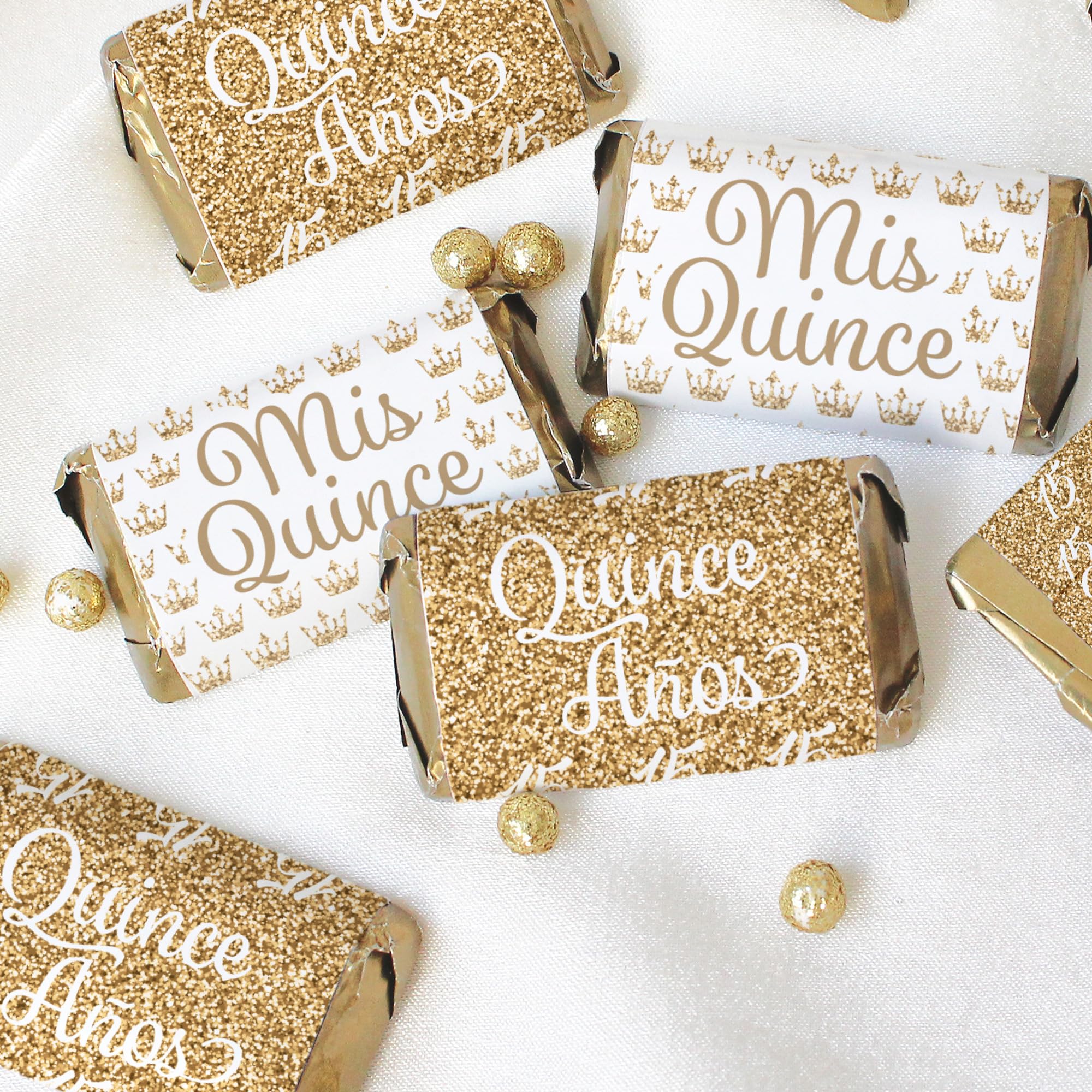 Distinctivs White And Gold Quinceanera Party Favors - Mini Candy Bar Wrappers - 45 Stickers