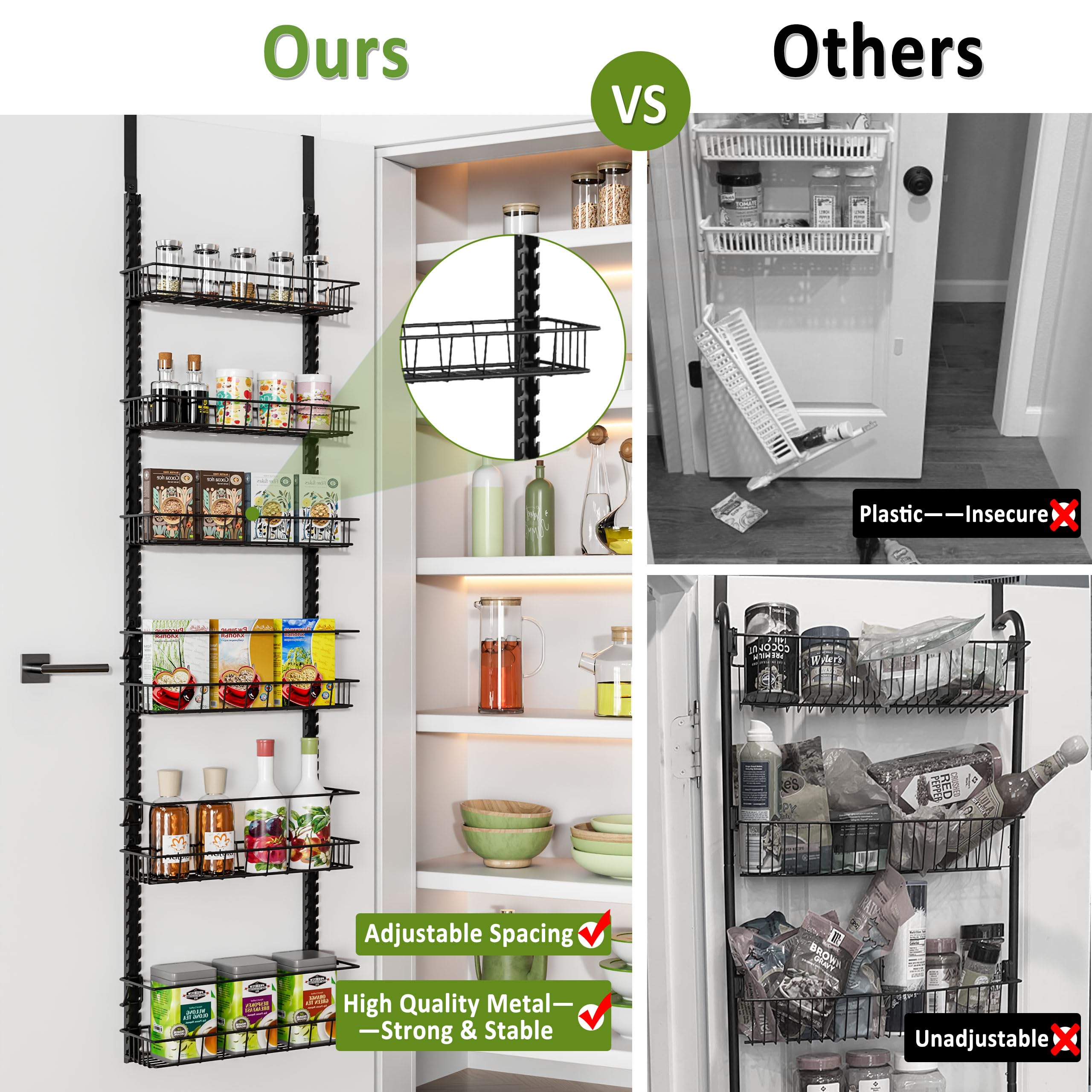 Churboro Over the Door Pantry Organizer Rack with 6 Adjustable Baskets, 6 Tiers Dual-use Spice Rack- Hanging or Wall Mount Spice