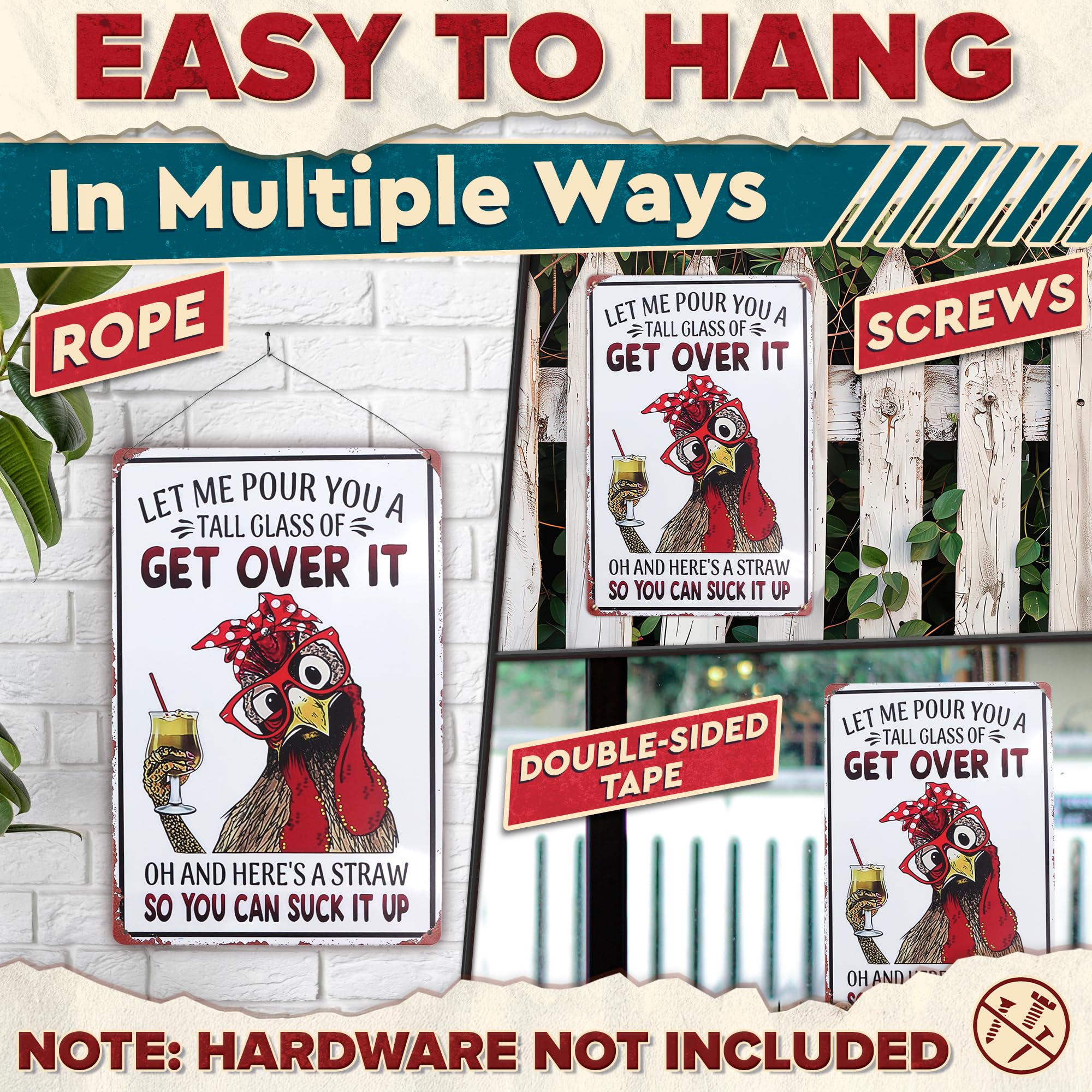 Let Me Pour You a Tall Glass of Get Over It Tin Sign 8x12 - Metal Funny Chicken Coop Signs for Outside - Rustic Tin Farmhouse Wa