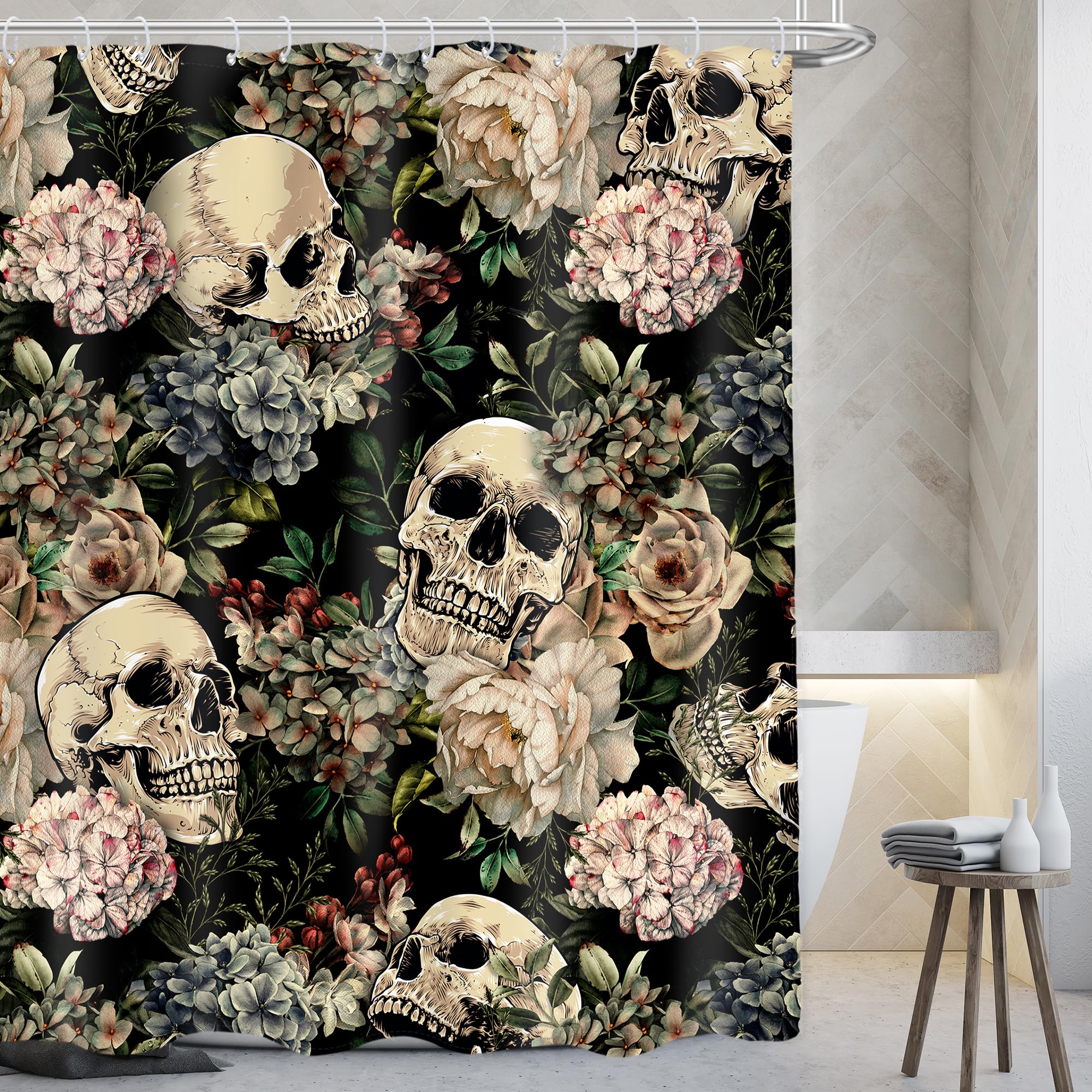 Ambzek Sugar Skull Shower Curtain 72Wx72L Inch Retro Floral Leaves Gothic Spooky Skeleton Plant Goth Vintage Mystical Artwork Cl